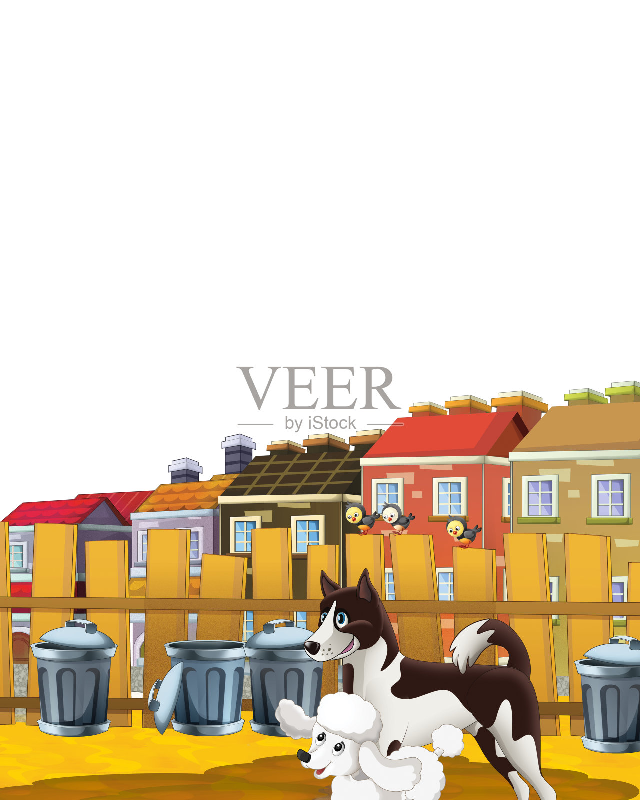 卡通场景与狗有乐趣在城市的白色背景插画图片素材