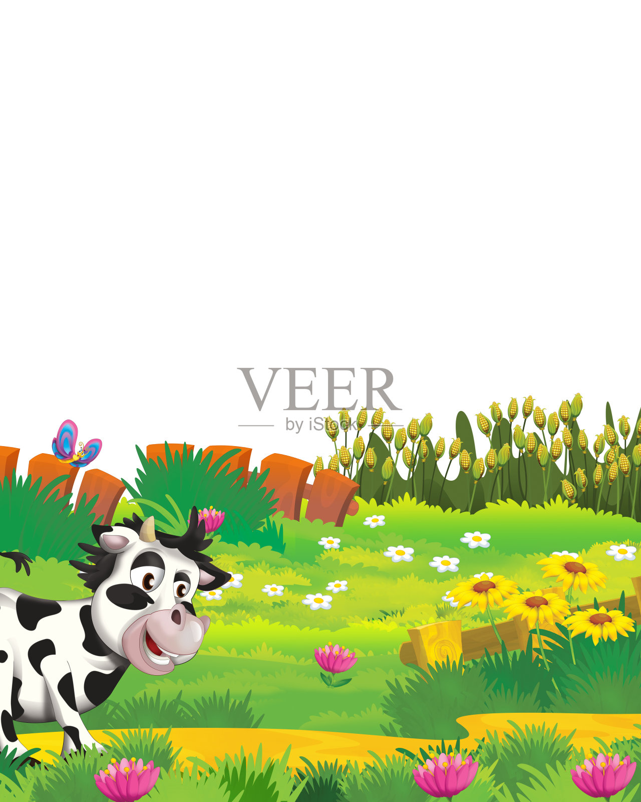 卡通场景与奶牛在农场农场有乐趣的白色背景插画图片素材