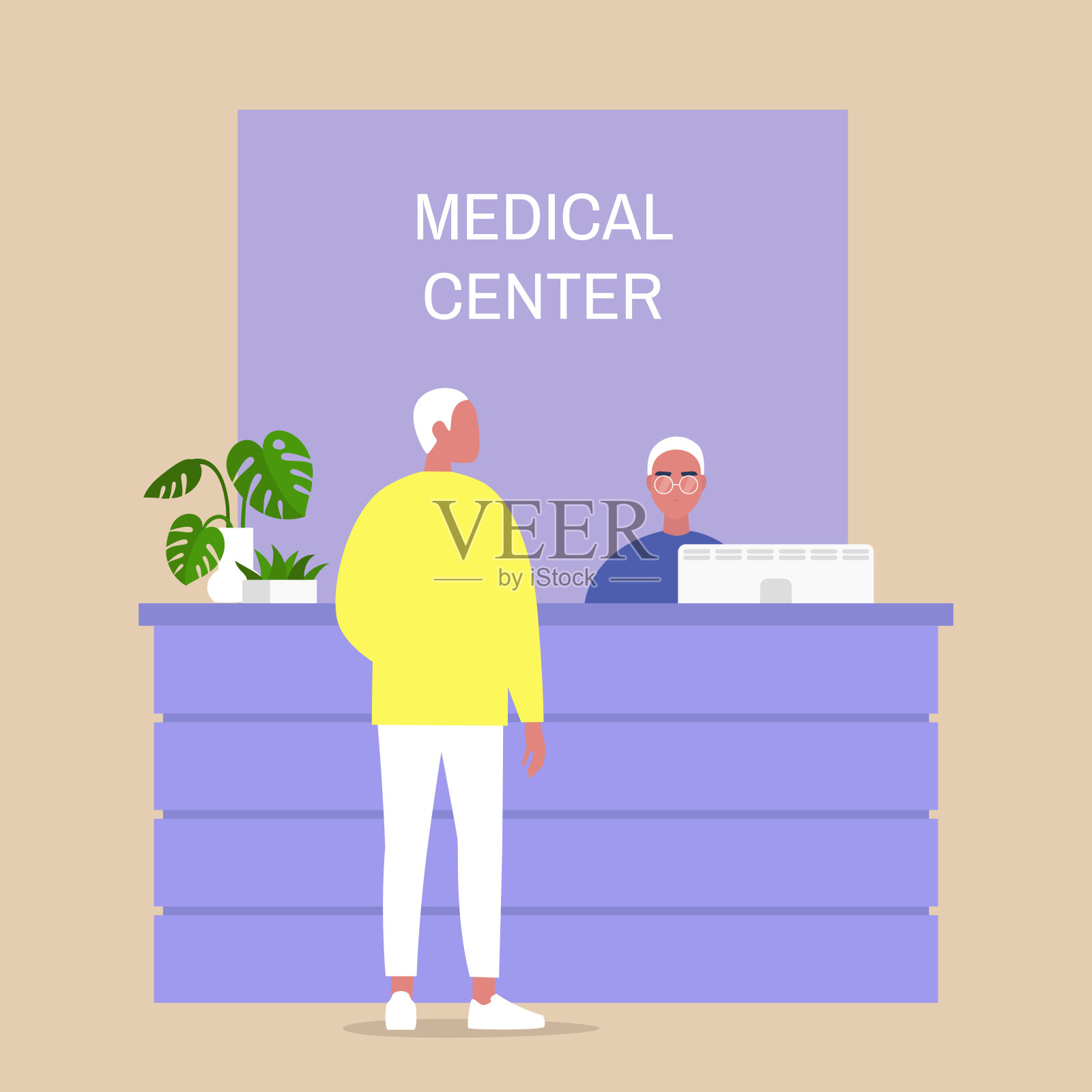 医疗中心前台，年轻男性角色等待医生的预约，保健和生活方式插画图片素材