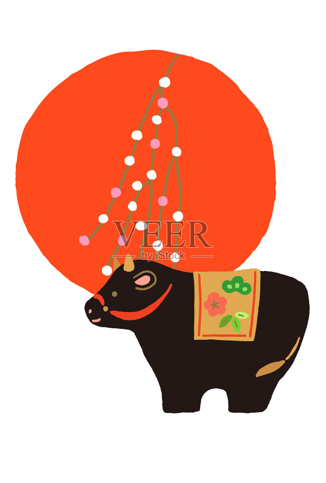 日本新年卡片日本年糕花与黑牛插画图片素材