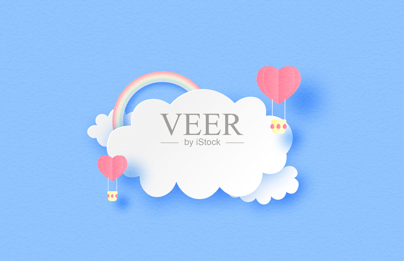 爱的插图横幅。心形热气球漂浮在云和彩虹剪纸风格。数字工艺纸艺术。插画图片素材