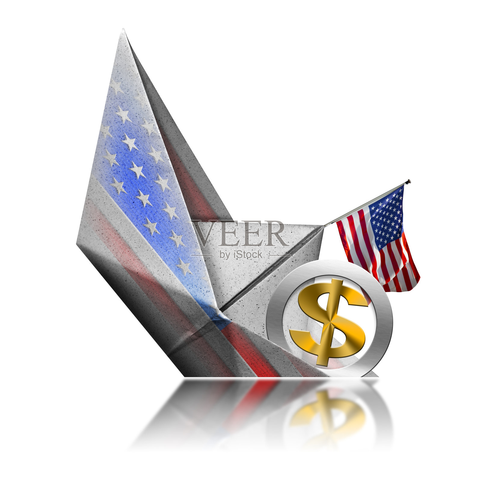 美元符号在纸船上沉没-衰退概念照片摄影图片