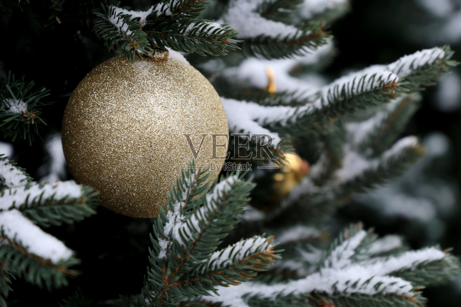 冬天街道上的冷杉树枝上被雪覆盖的圣诞装饰品照片摄影图片