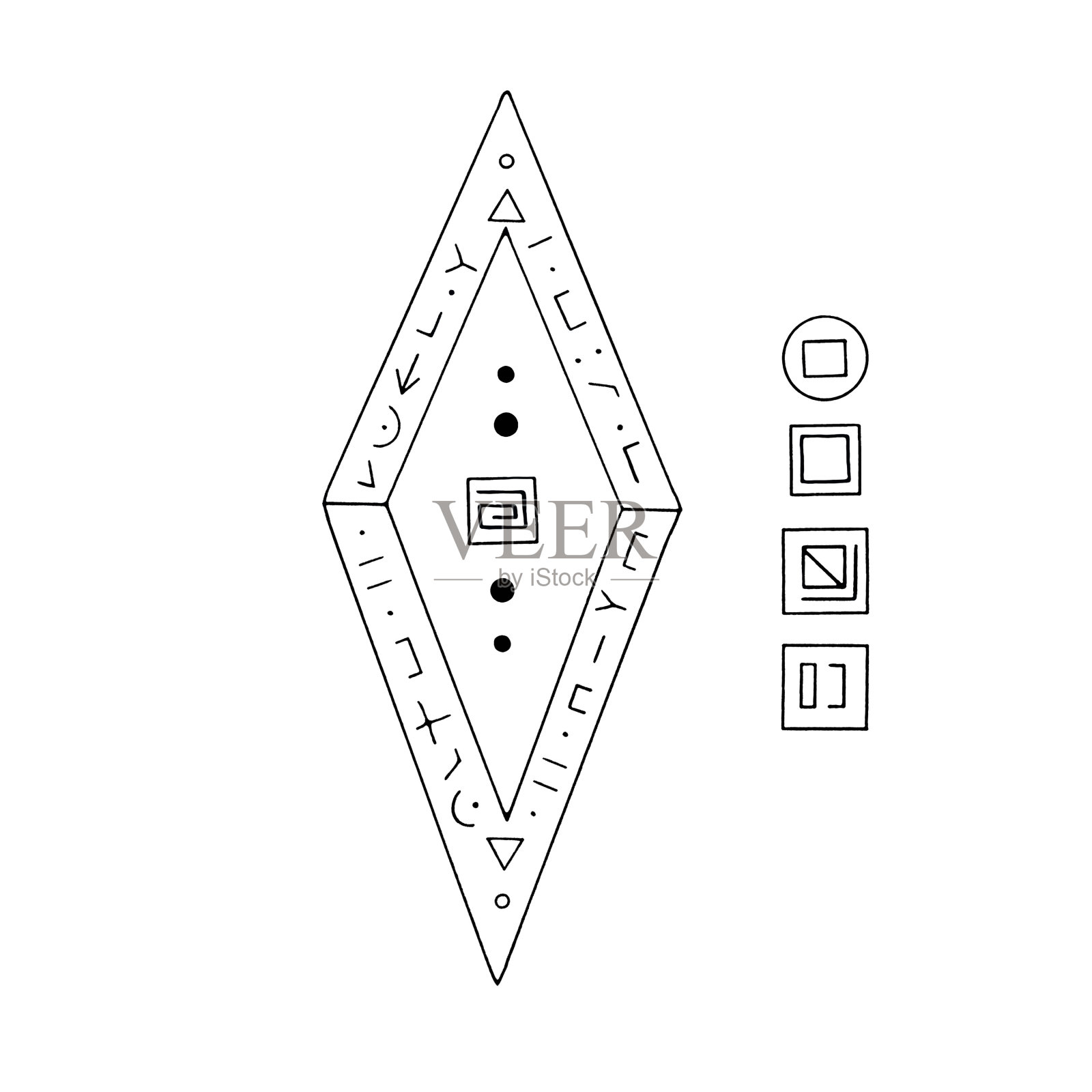 菱形、钻石、水晶、自然元素的标志。种族元素，幻想，古代，护身符，秘密符号。涂鸦手绘轮廓插画图片素材