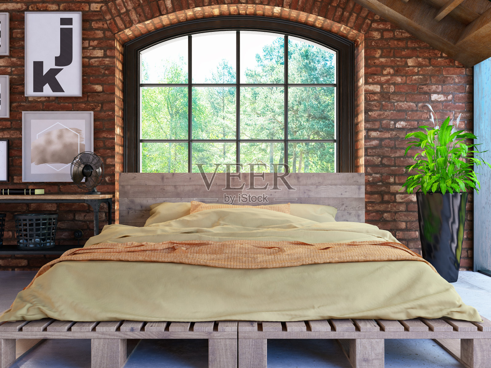 舒适的卧室，地板床，砖墙和窗户照片摄影图片