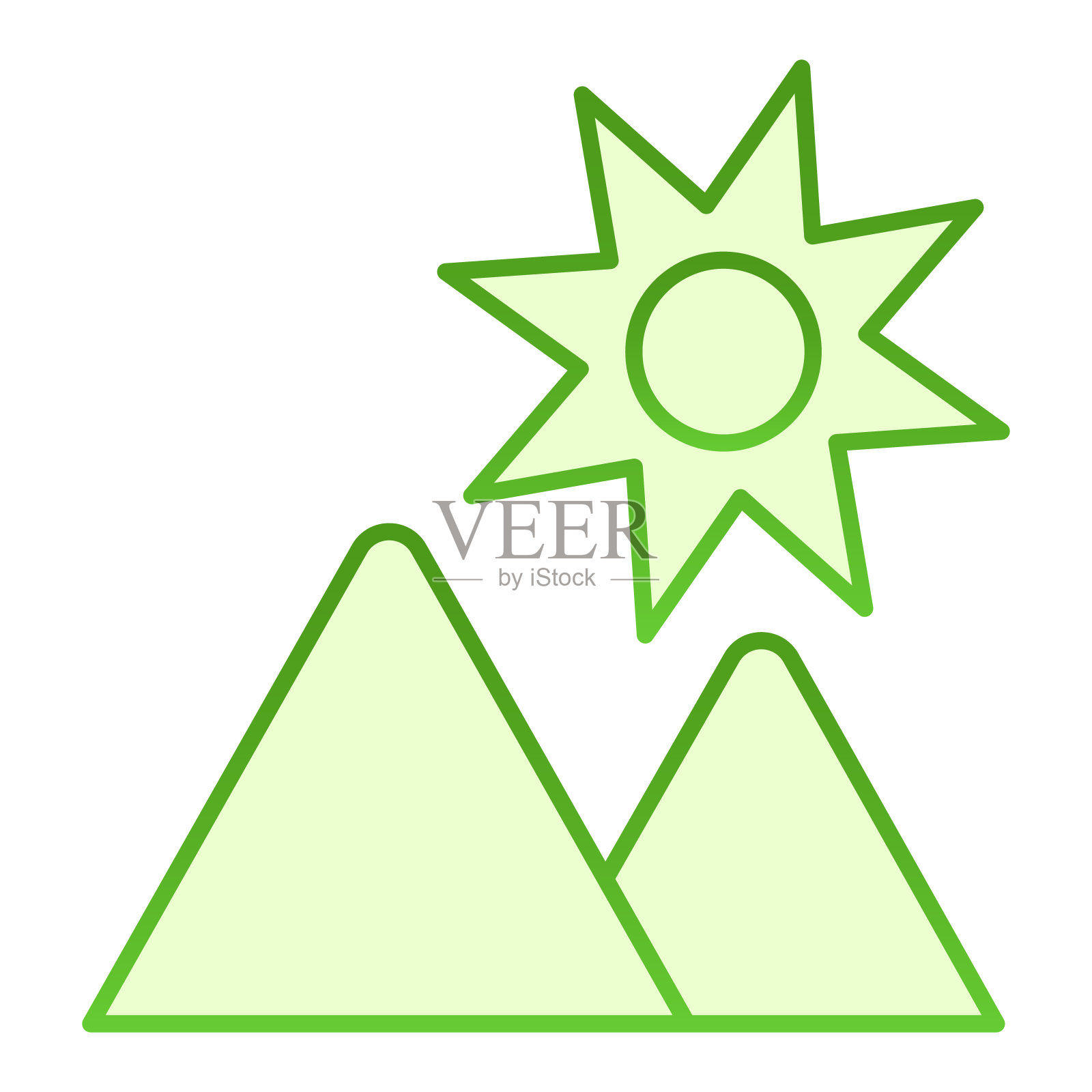 景观与太阳和山丘平坦的图标。山绿色图标在时尚的平面风格。自然渐变风格设计，专为网页和应用设计。插画图片素材