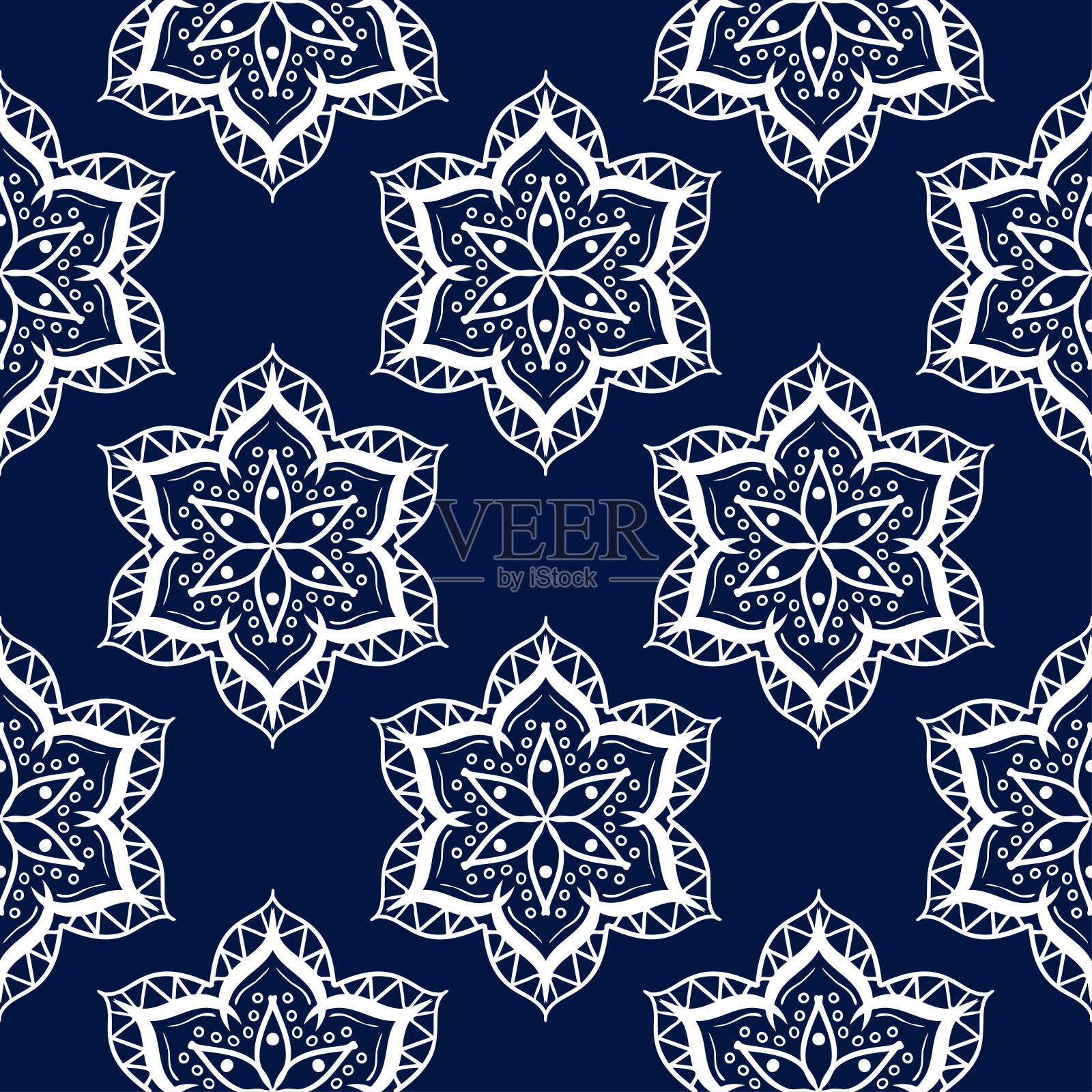 印度风格的无缝图案。深蓝色背景，白色设计插画图片素材