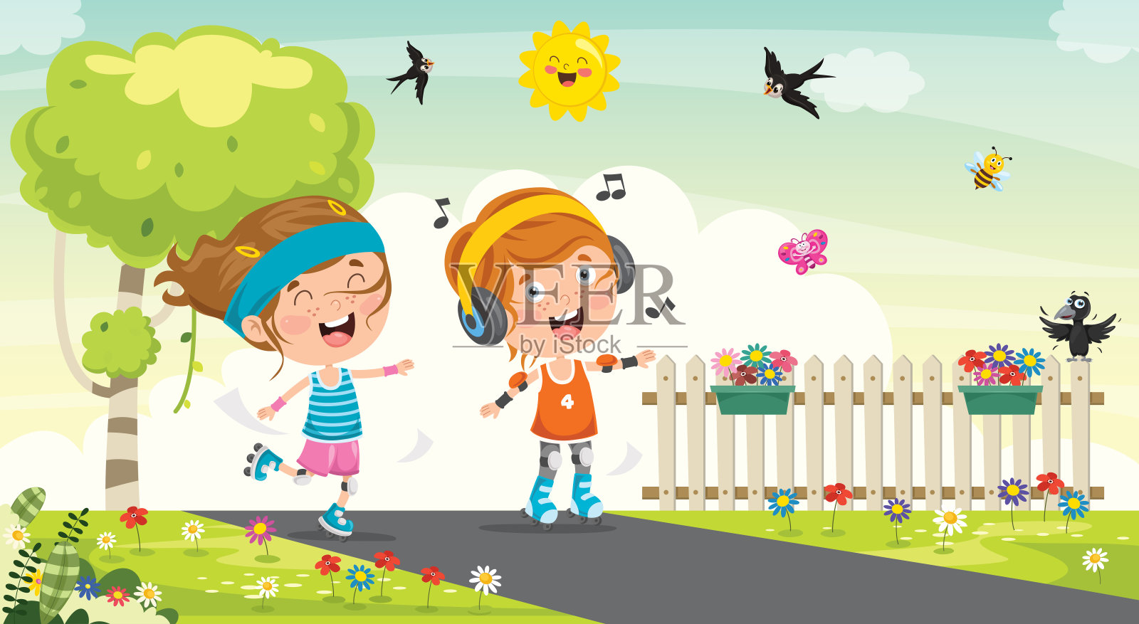 骑旱冰鞋的小孩插画图片素材