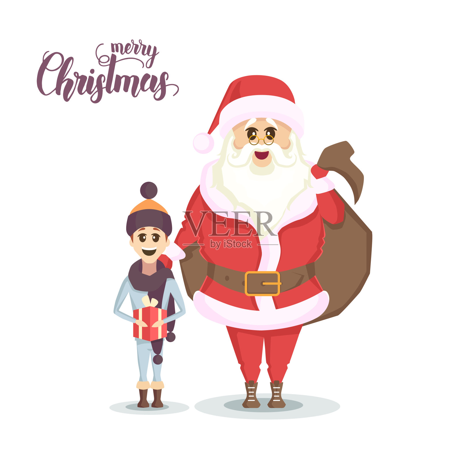 圣诞老人带着袋子的礼物，快乐的男孩带着圣诞礼盒戴着围巾。平面插画风格。新年快乐，圣诞快乐。手工制作的刻字插画图片素材