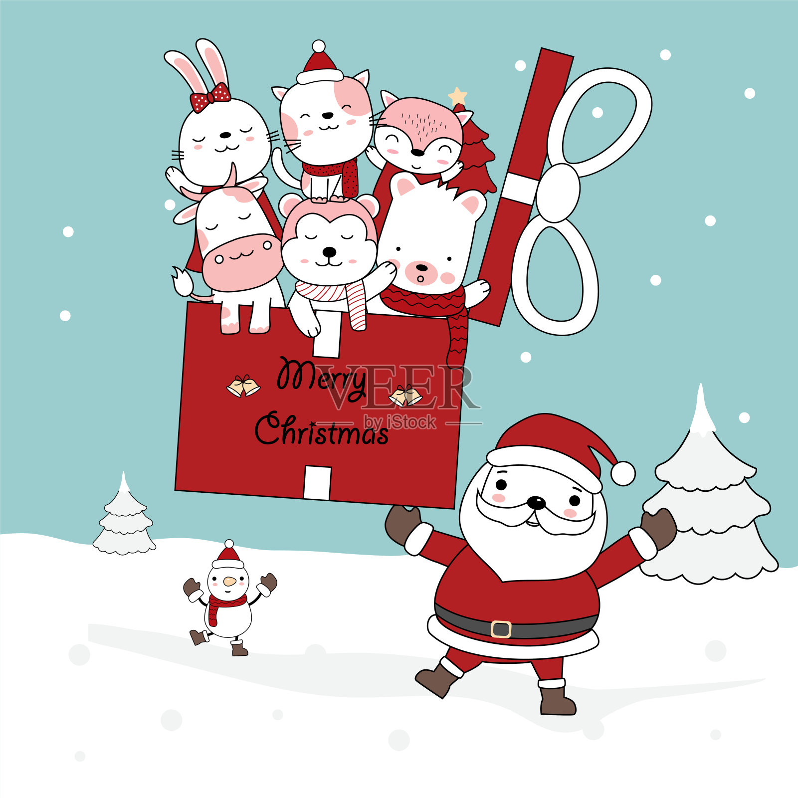 圣诞贺卡设计背景与圣诞老人和礼物盒与可爱的婴儿动物。手绘卡通风格。矢量插图。插画图片素材