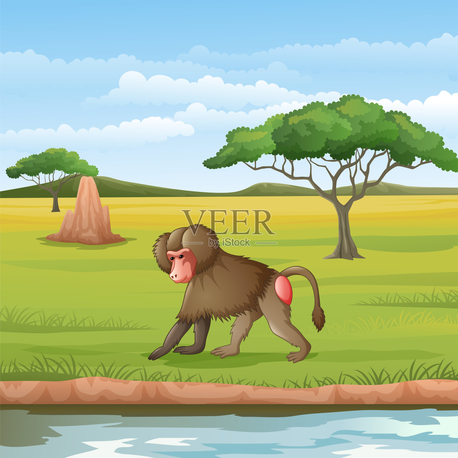 大草原上的卡通狒狒插画图片素材