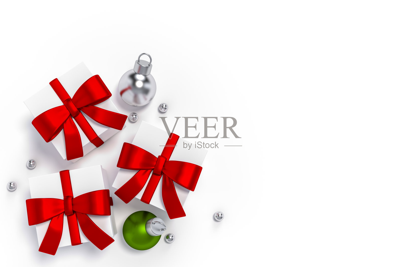 白色礼盒与红色丝带与金属圣诞球饰品在白色背景3d渲染。照片摄影图片