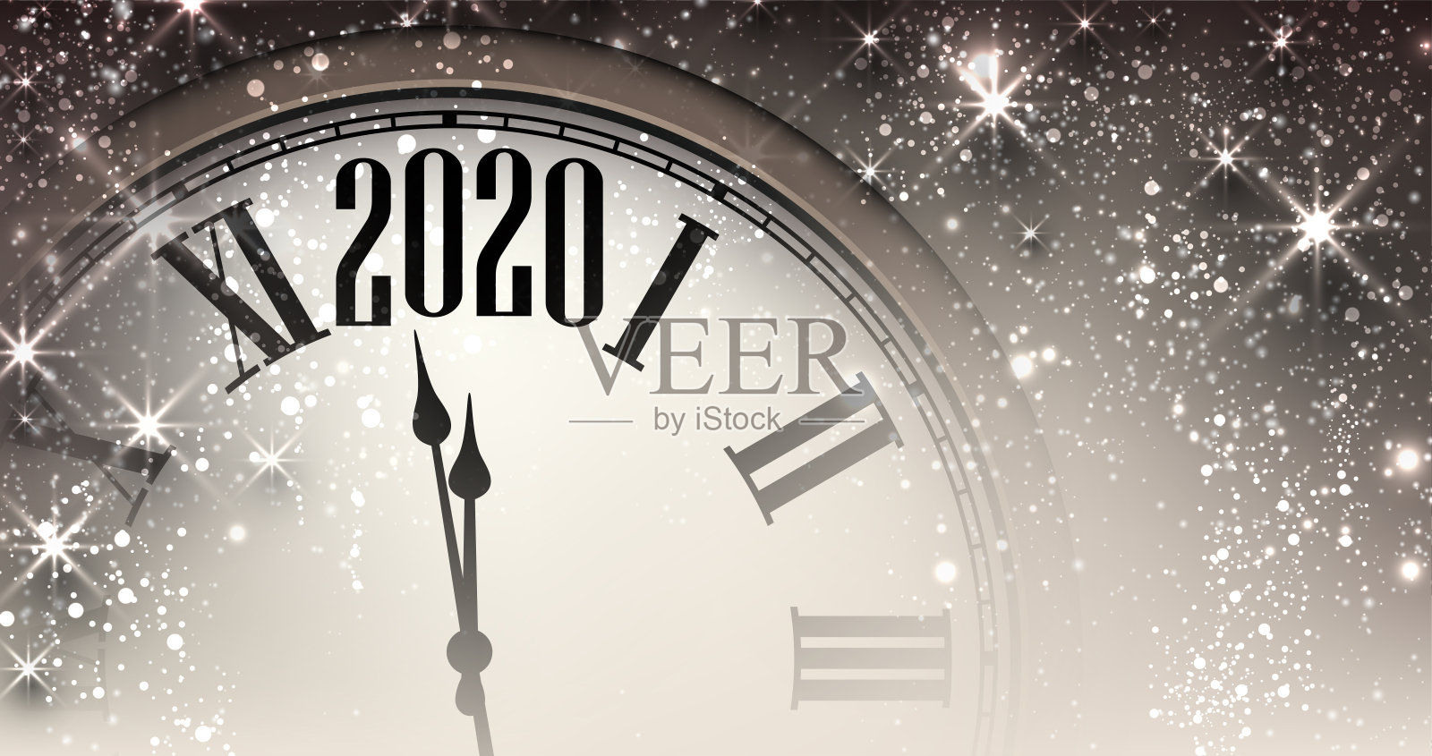 2020年新年蓝色背景与时钟和星星。插画图片素材