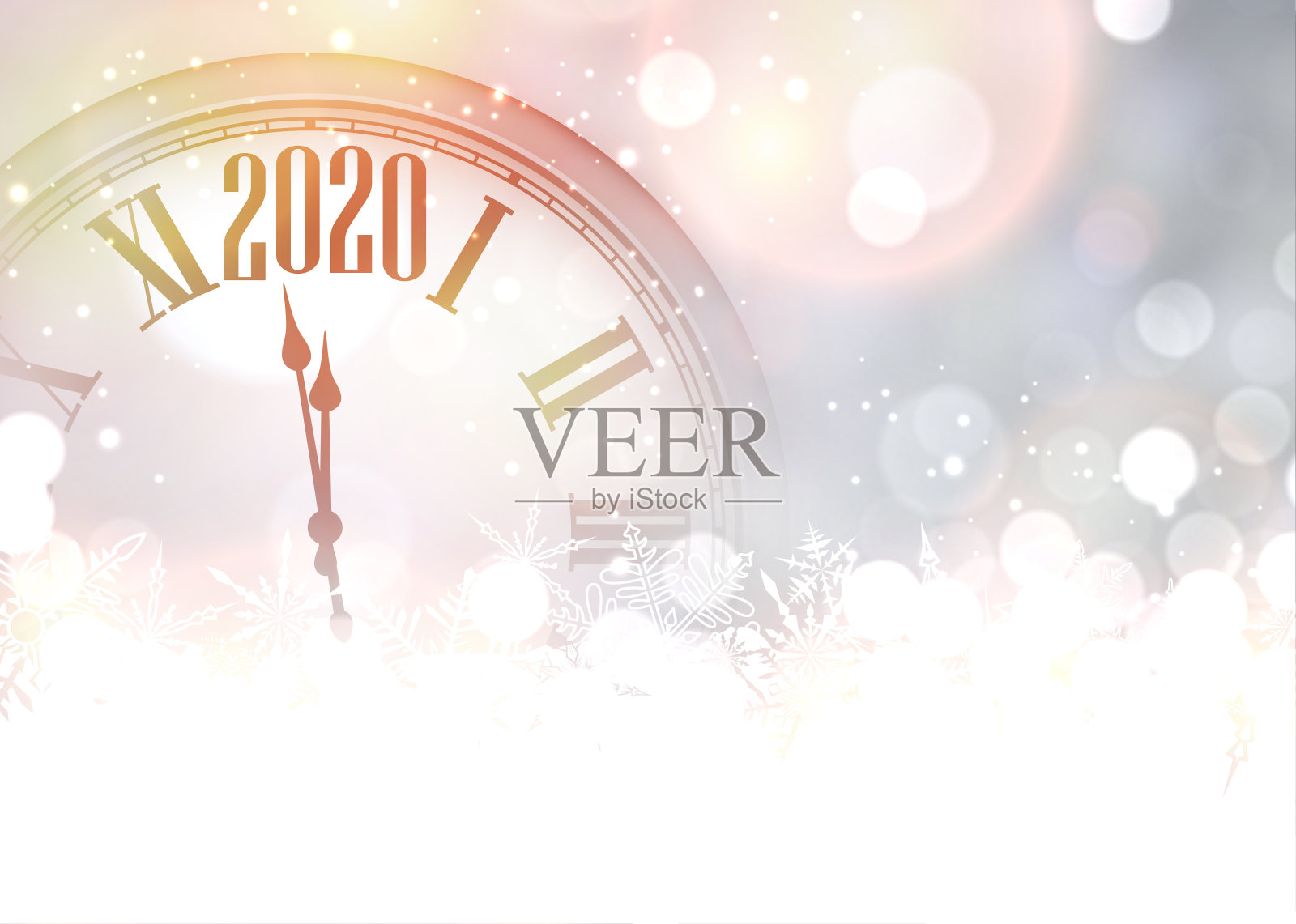 紫色闪烁的2020年新年背景与时钟。插画图片素材