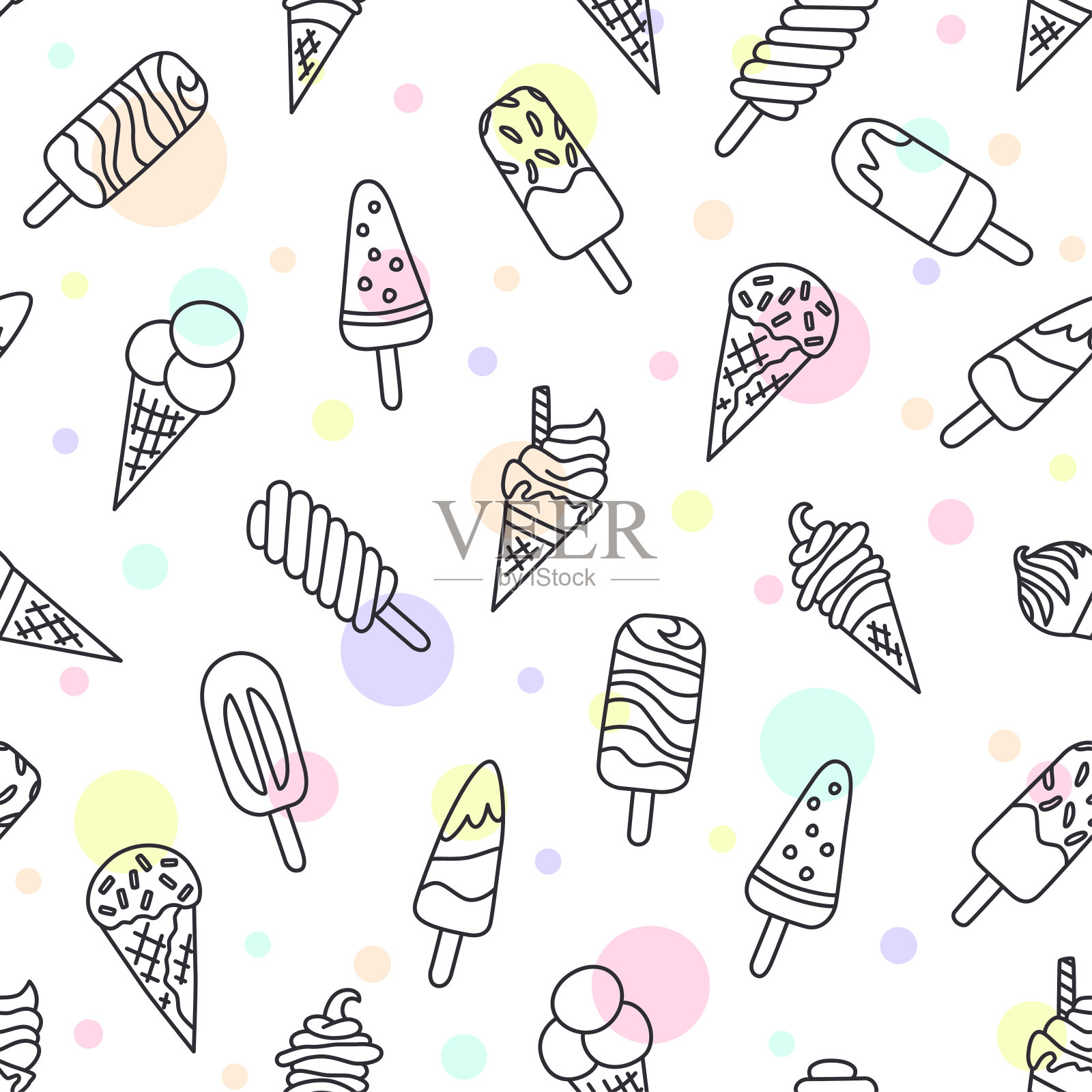 冰淇淋，爱斯基摩，华夫蛋筒。无缝图案在涂鸦和卡通风格插画图片素材