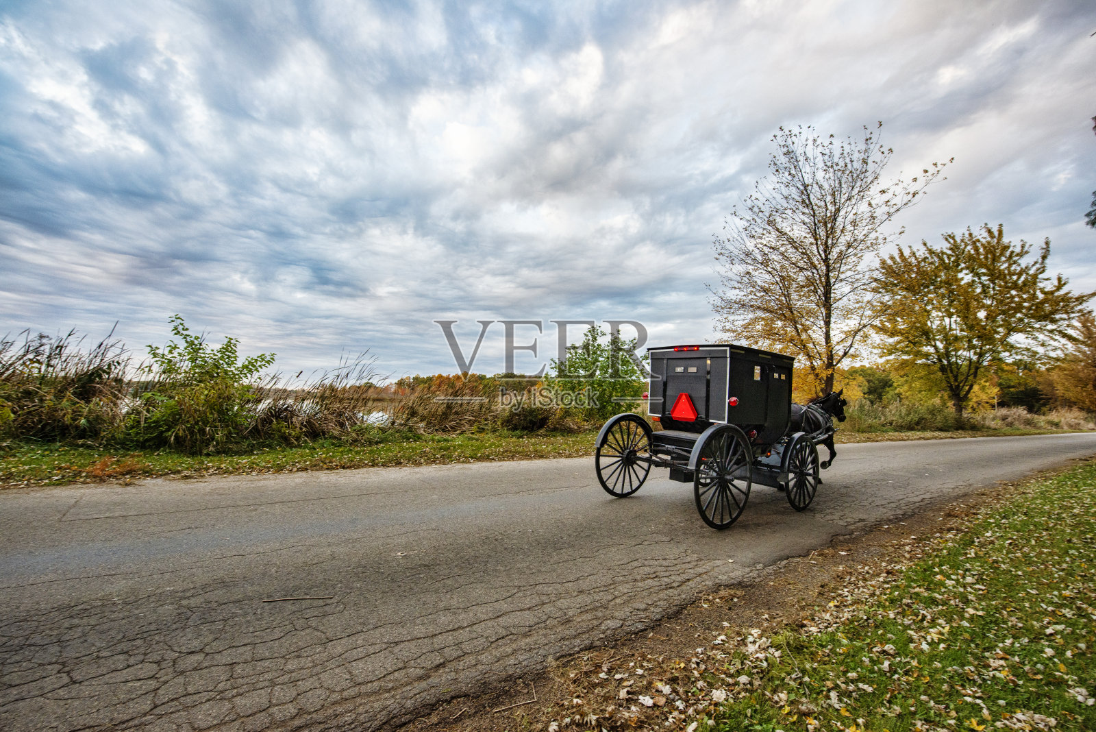 乡村路上的阿米什童车照片摄影图片