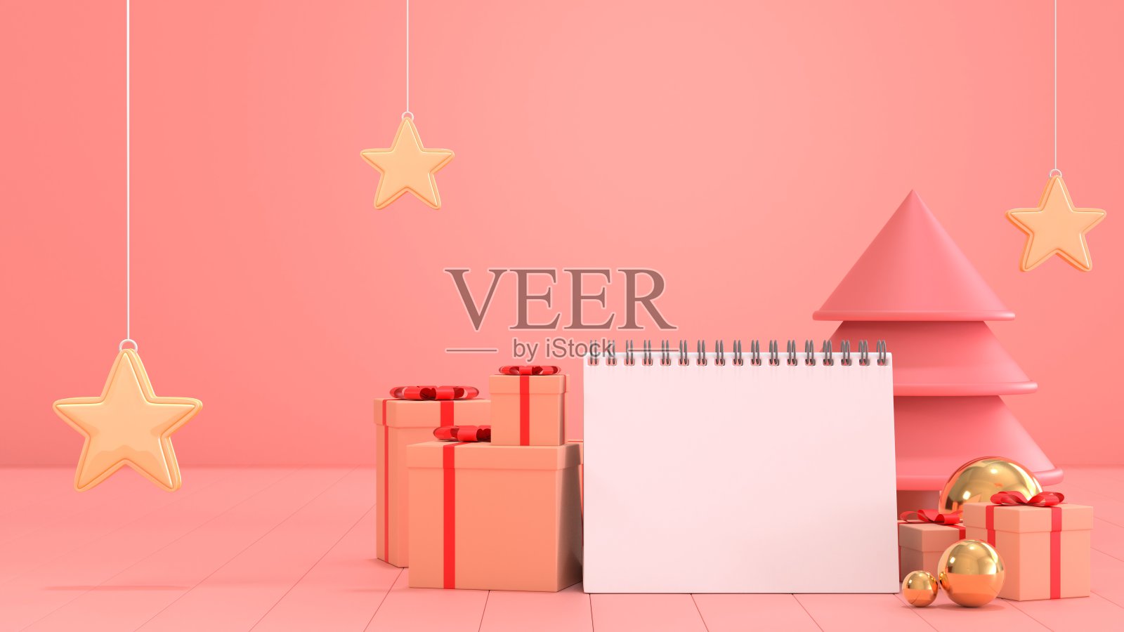3d渲染图像的空白日历纸明年的目标装饰与圣诞装饰场景。照片摄影图片