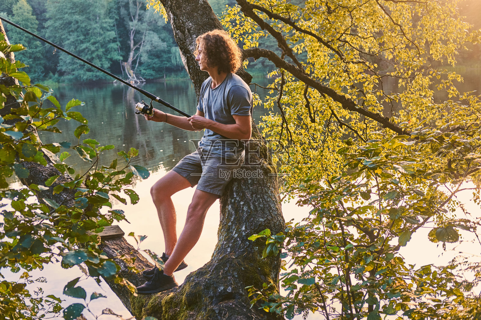 坐在湖边老桦树旁等待大鱼的年轻渔夫照片摄影图片
