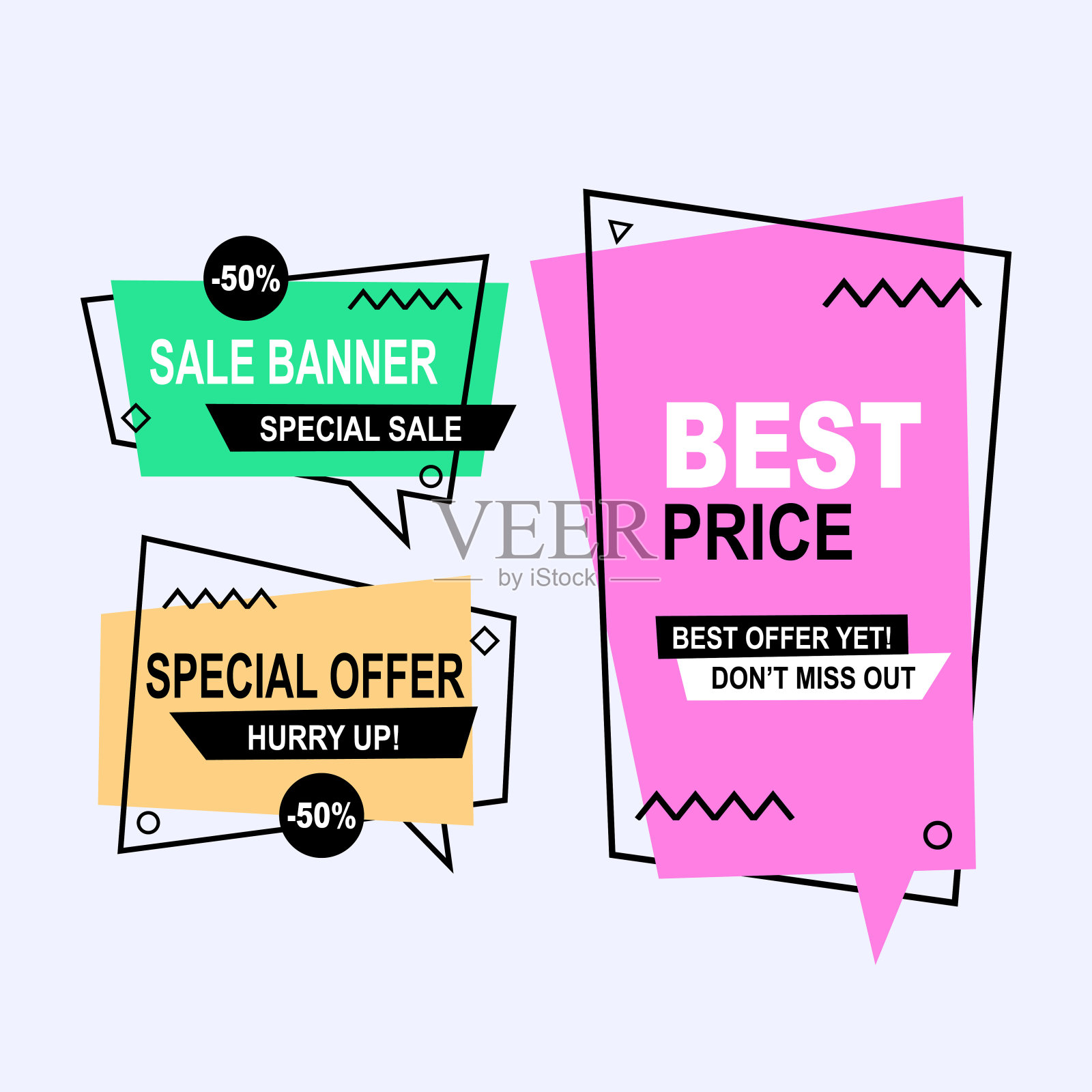 价格标签销售折扣促销设计色彩丰富的几何极简复古风格的横幅，丝带，海报，传单和背景矢量。设计模板素材