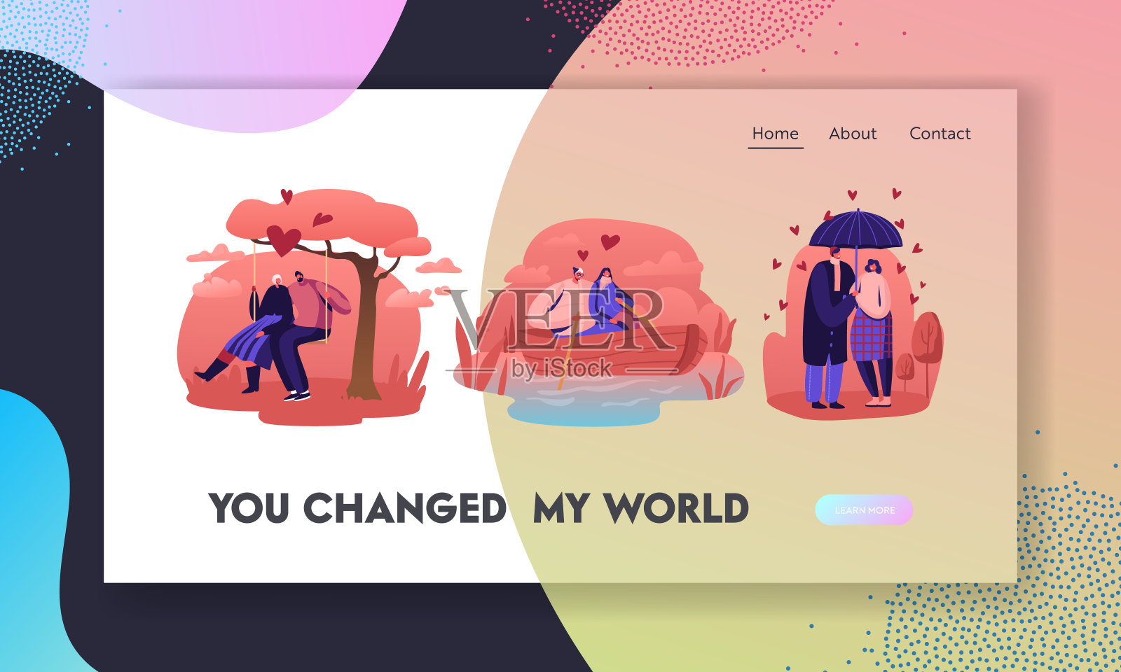 恩爱夫妻关系网站登陆页面。恋爱中的年轻人在雨天雨伞下散步，在水上漂流，在公园里荡秋千网页横幅。卡通平面矢量插图插画图片素材