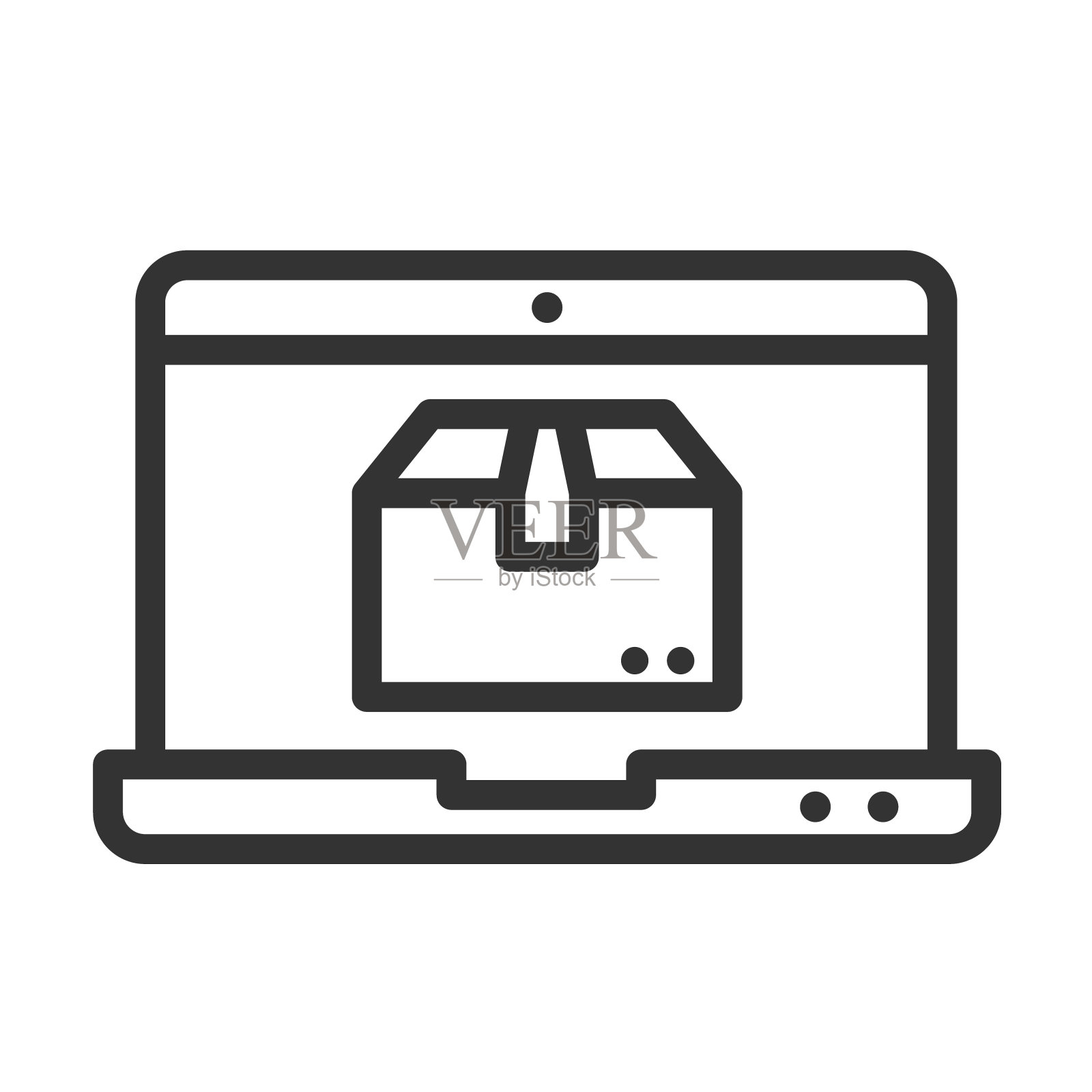 在线交付服务轮廓矢量图标孤立在白色背景。有快递应用显示包裹的笔记本电脑。交付线库存插图为web，移动和ui设计图标素材