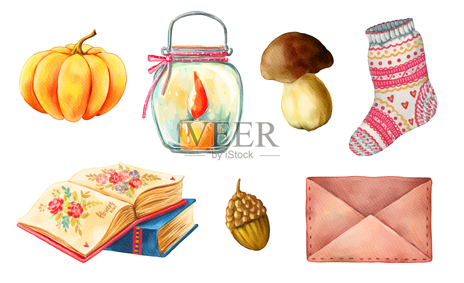 水彩南瓜，玻璃罐，书，橡子，信封，袜子，蘑菇孤立集插画图片素材