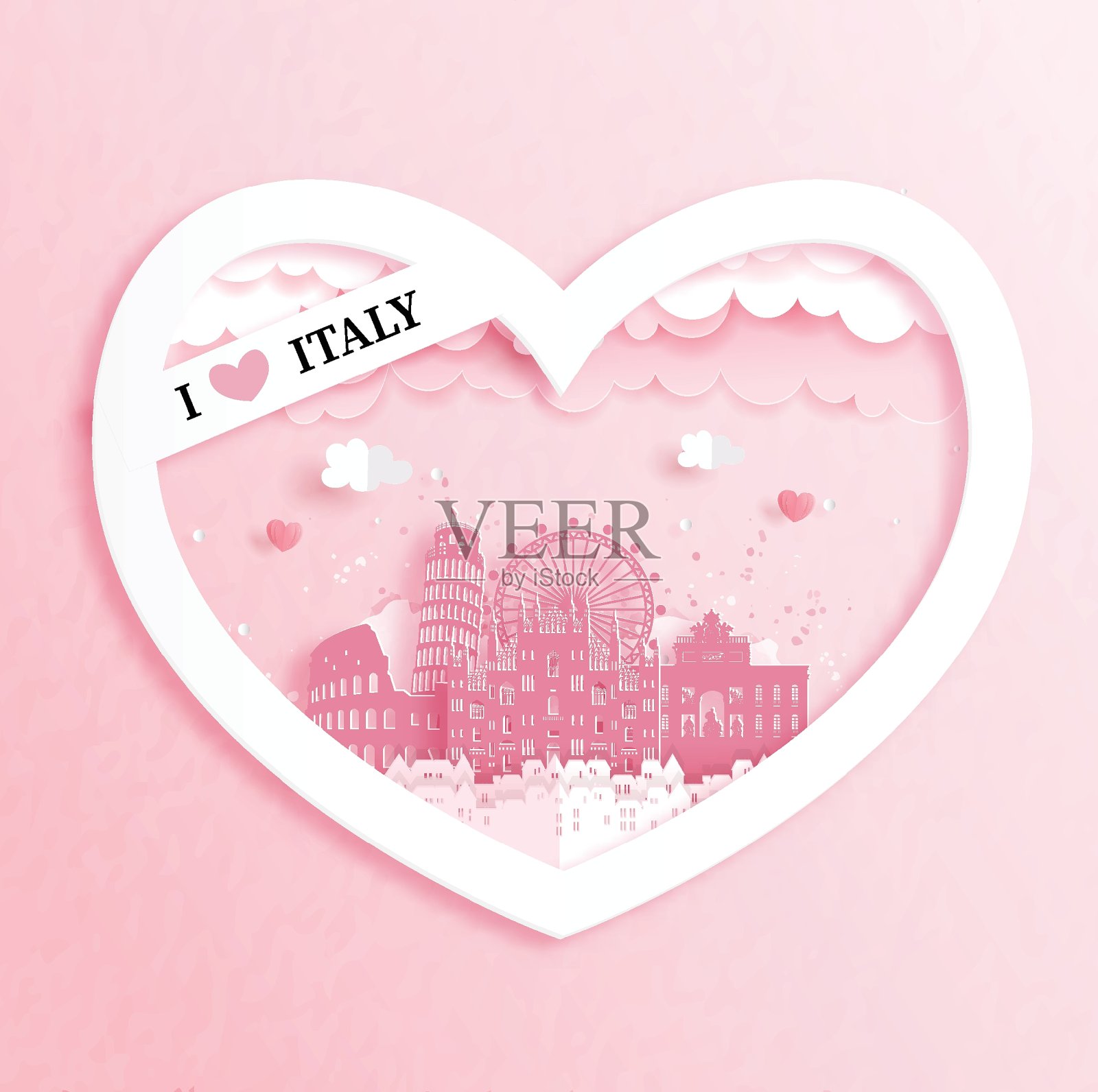 我喜欢意大利著名的地标在一个心形框架在剪纸风格矢量插图。插画图片素材