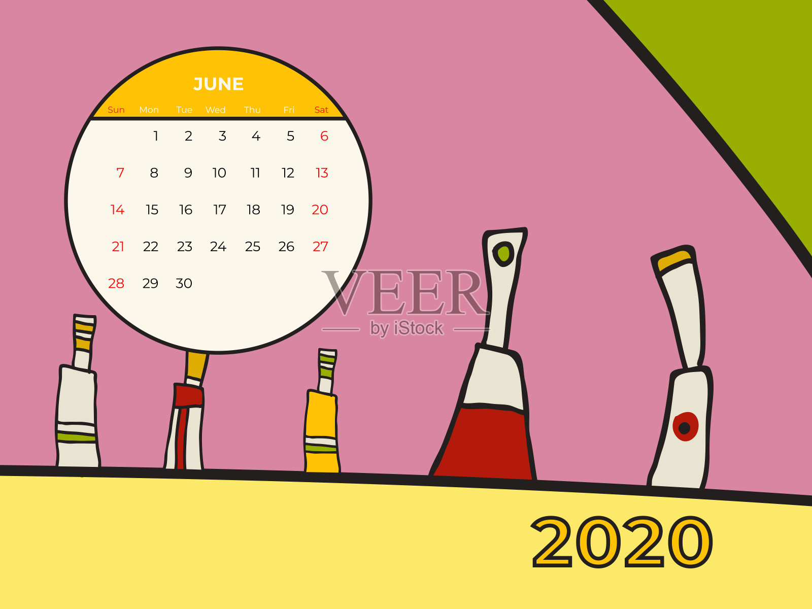 2020年6月日历抽象当代艺术矢量。桌面、屏幕、桌面月06日，2020年，多彩2020日历设计模板素材