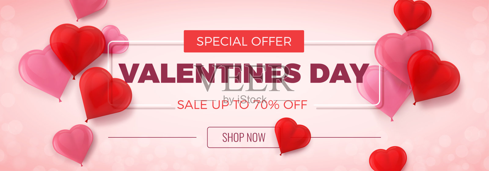 情人节特价优惠。拍卖最高七折，海报与3d心形红色和粉红色的气球在模糊的背景设计模板素材