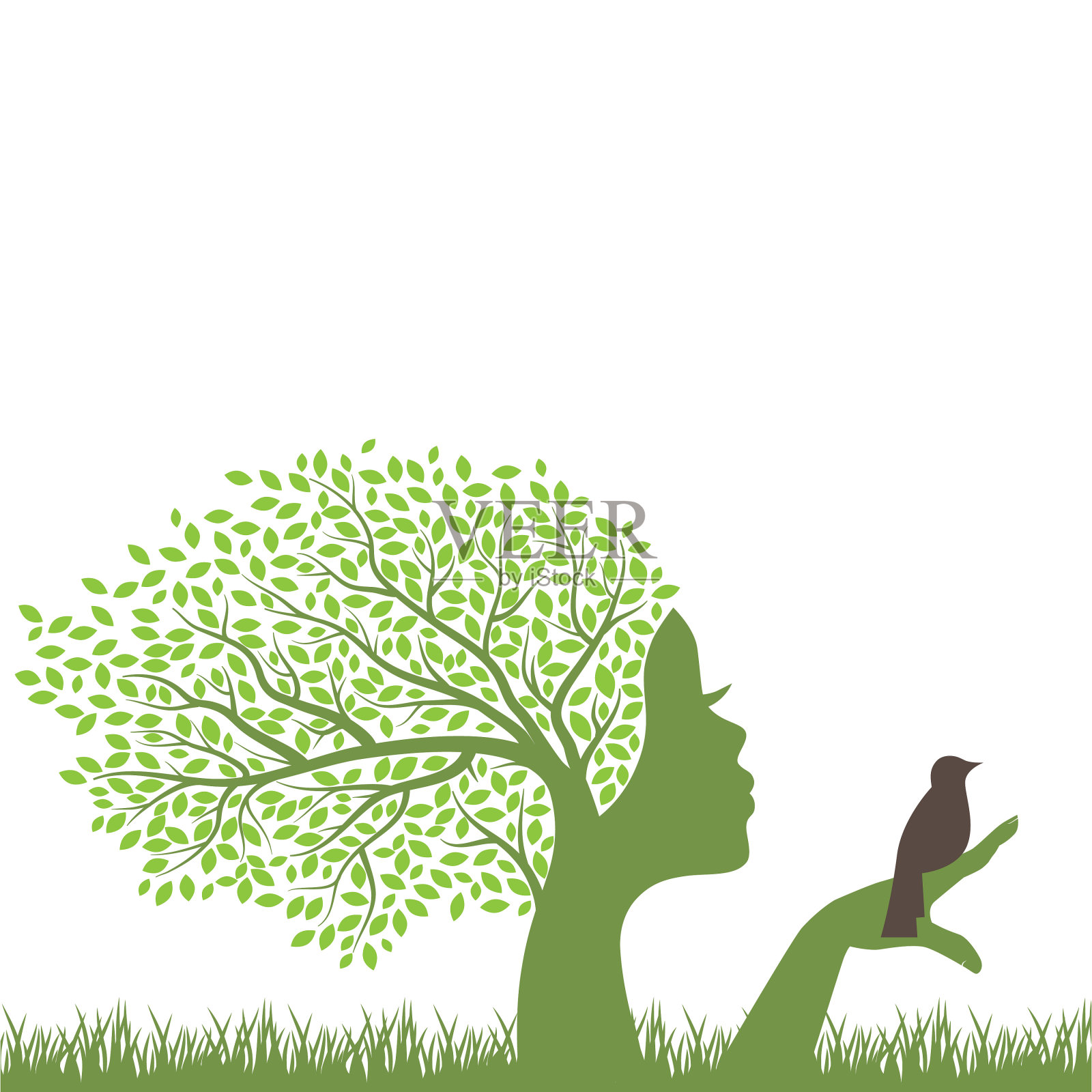 树有一张女性的脸和一只小鸟插画图片素材