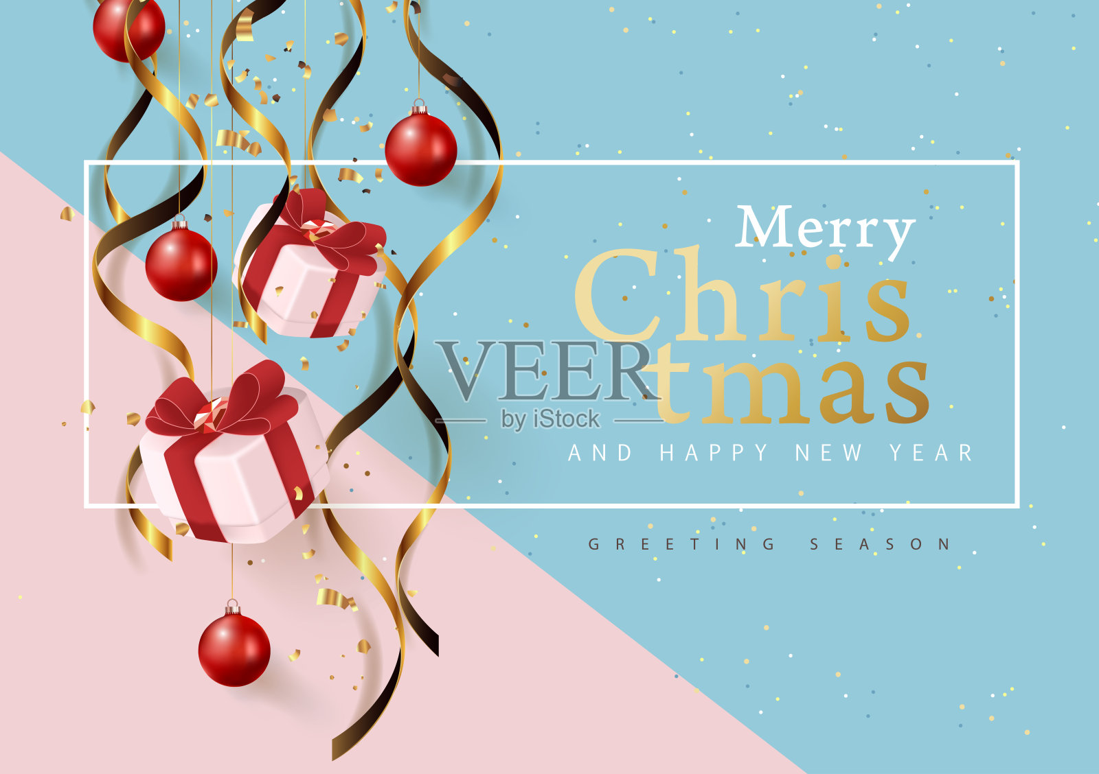 圣诞装饰品悬挂横幅背景。庆祝贺卡报价。矢量插图。设计模板素材