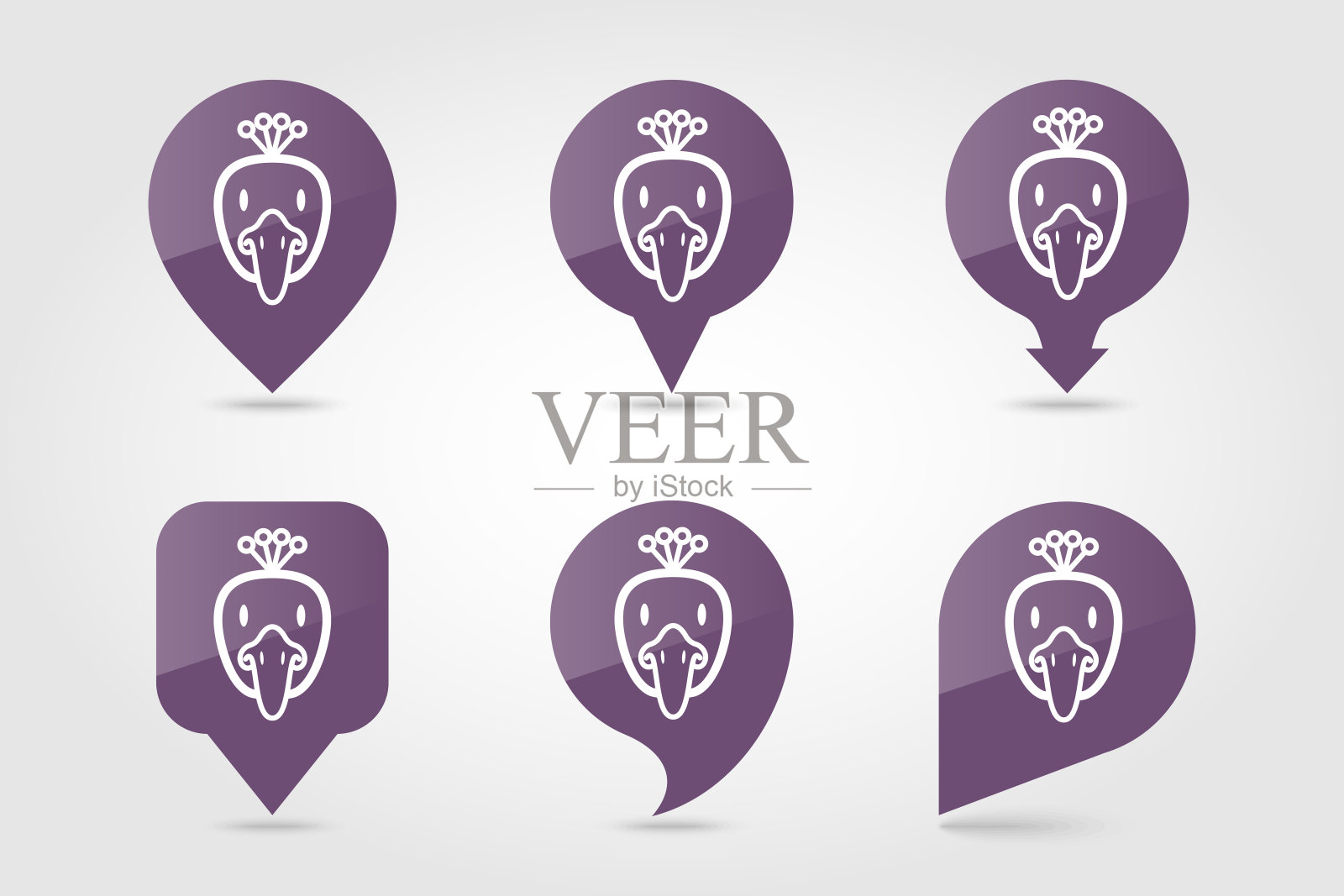 孔雀平针地图图标。动物头向量插画图片素材