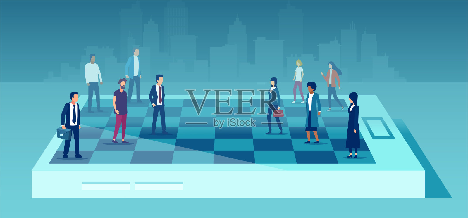 一个女企业家矢量团队在企业职业生涯中竞争，与一群商人下棋插画图片素材