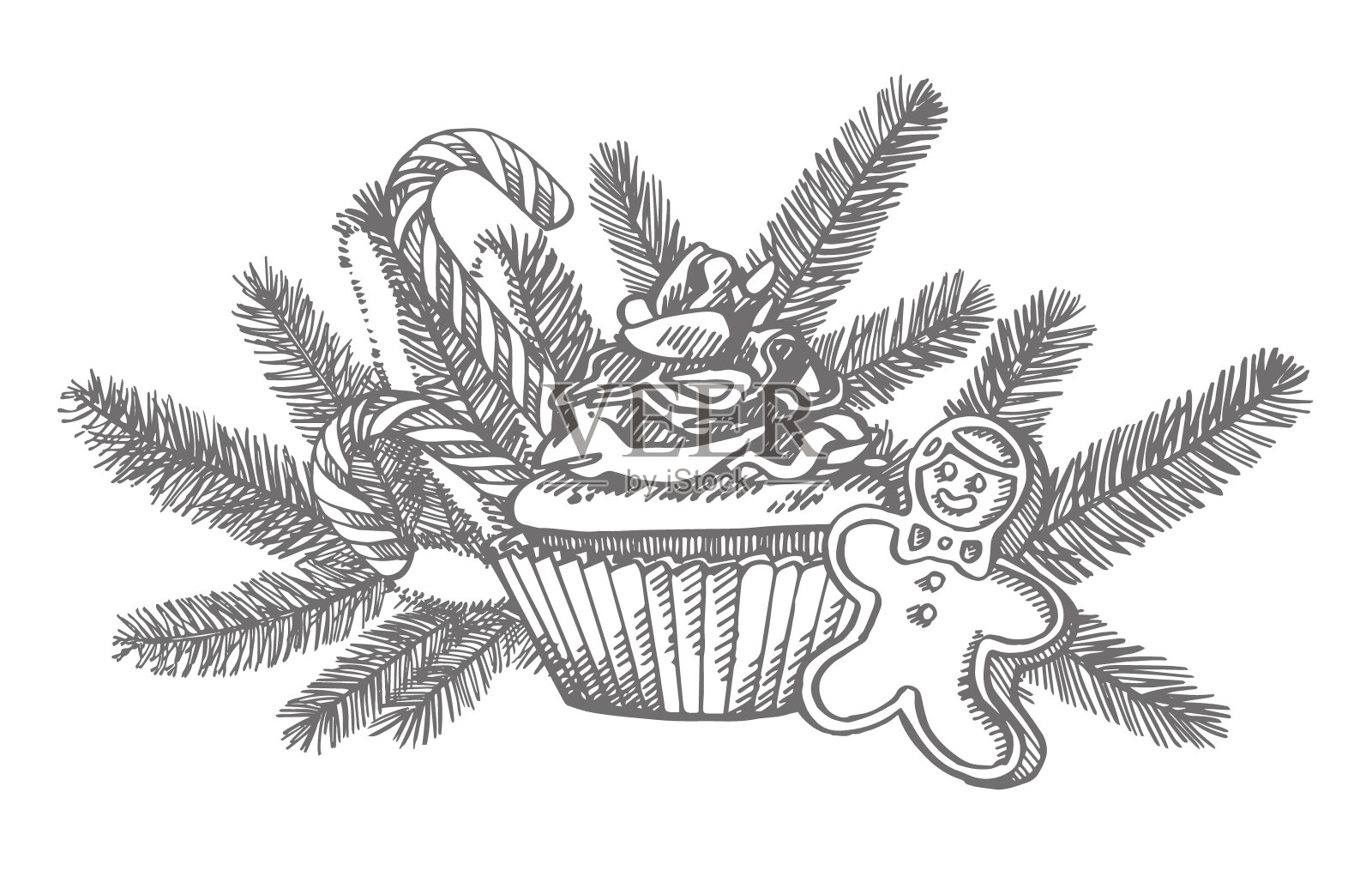 圣诞糖果和圣诞树的树枝。手绘插图。新年和圣诞节的设计元素。贺卡邀请与圣诞图形。的插图。插画图片素材