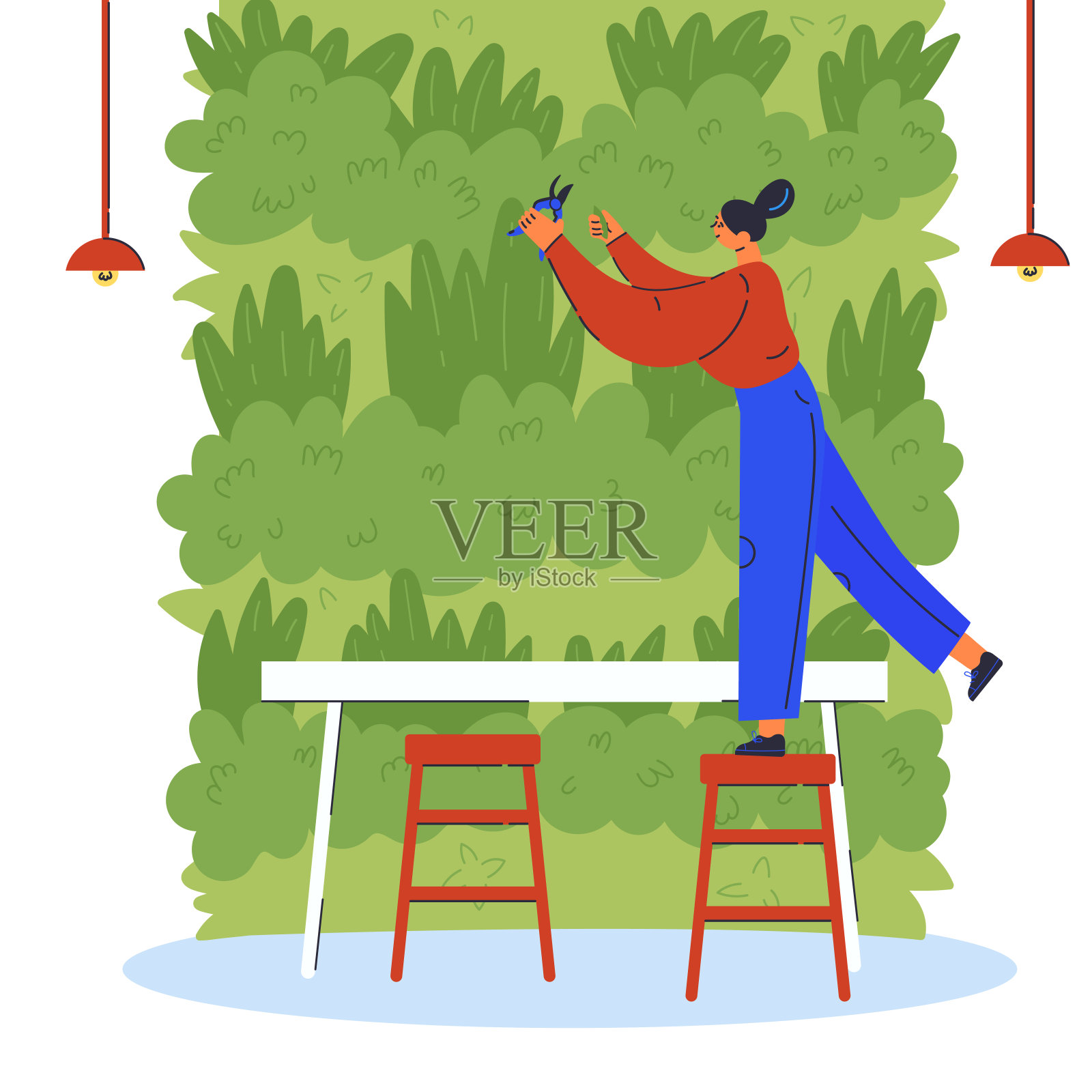 垂直花园。女人在咖啡馆关心绿色墙插画图片素材