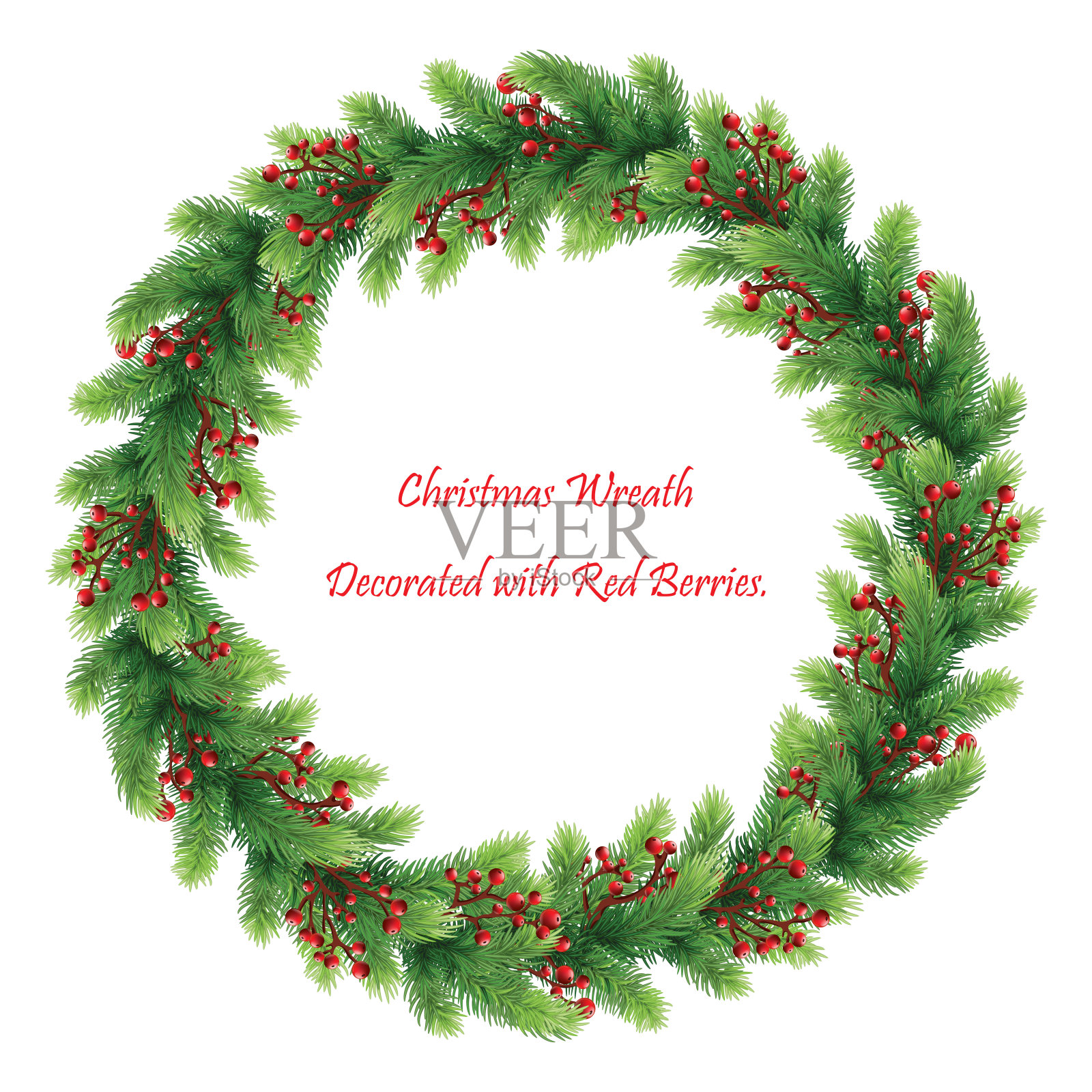用圣诞树树枝和红浆果做成的节日花环。冬季问候。圣诞花环装饰。孤立在白色背景上插画图片素材