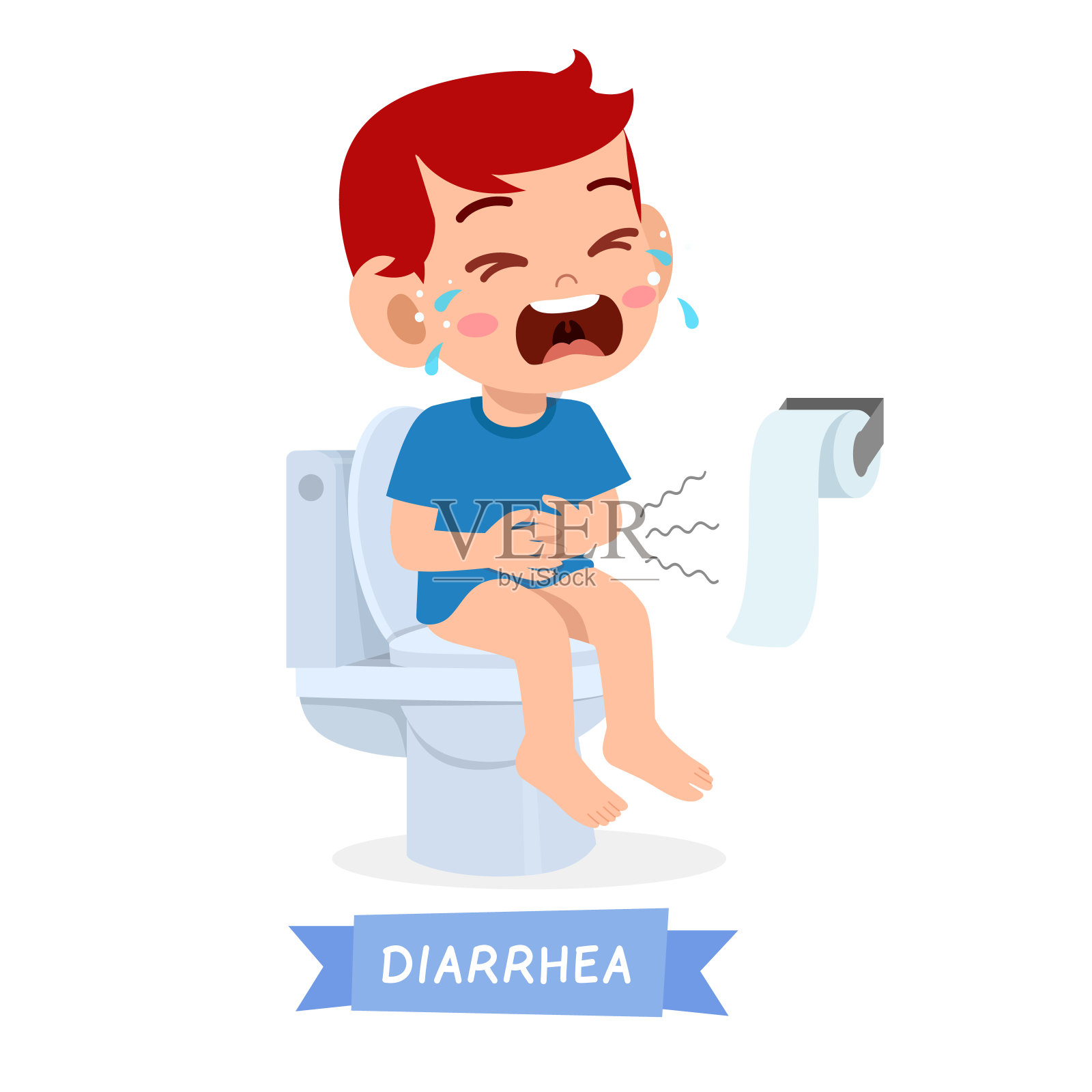 可怜的小男孩趴在马桶上哭插画图片素材