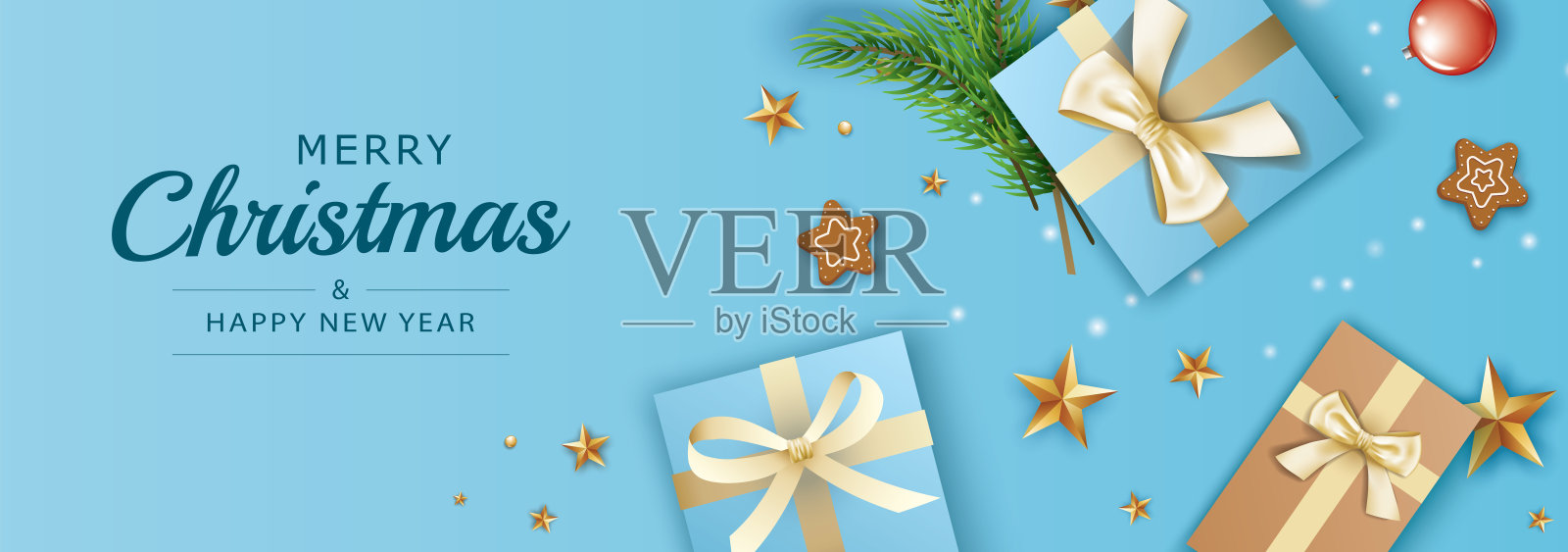 圣诞快乐和新年贺卡横幅模板与蓝色礼品盒和金星背景。使用头部网站，封面，传单。设计模板素材