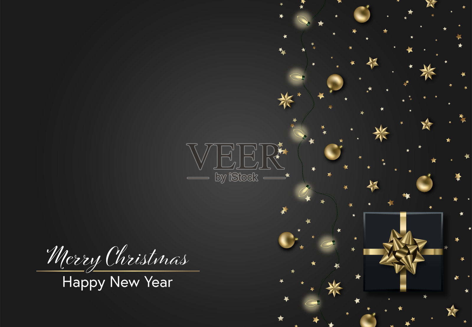 圣诞贺卡。用彩球、礼盒和彩灯组成的圣诞作文。寒假装饰边框。黑色和金色配色方案插画图片素材