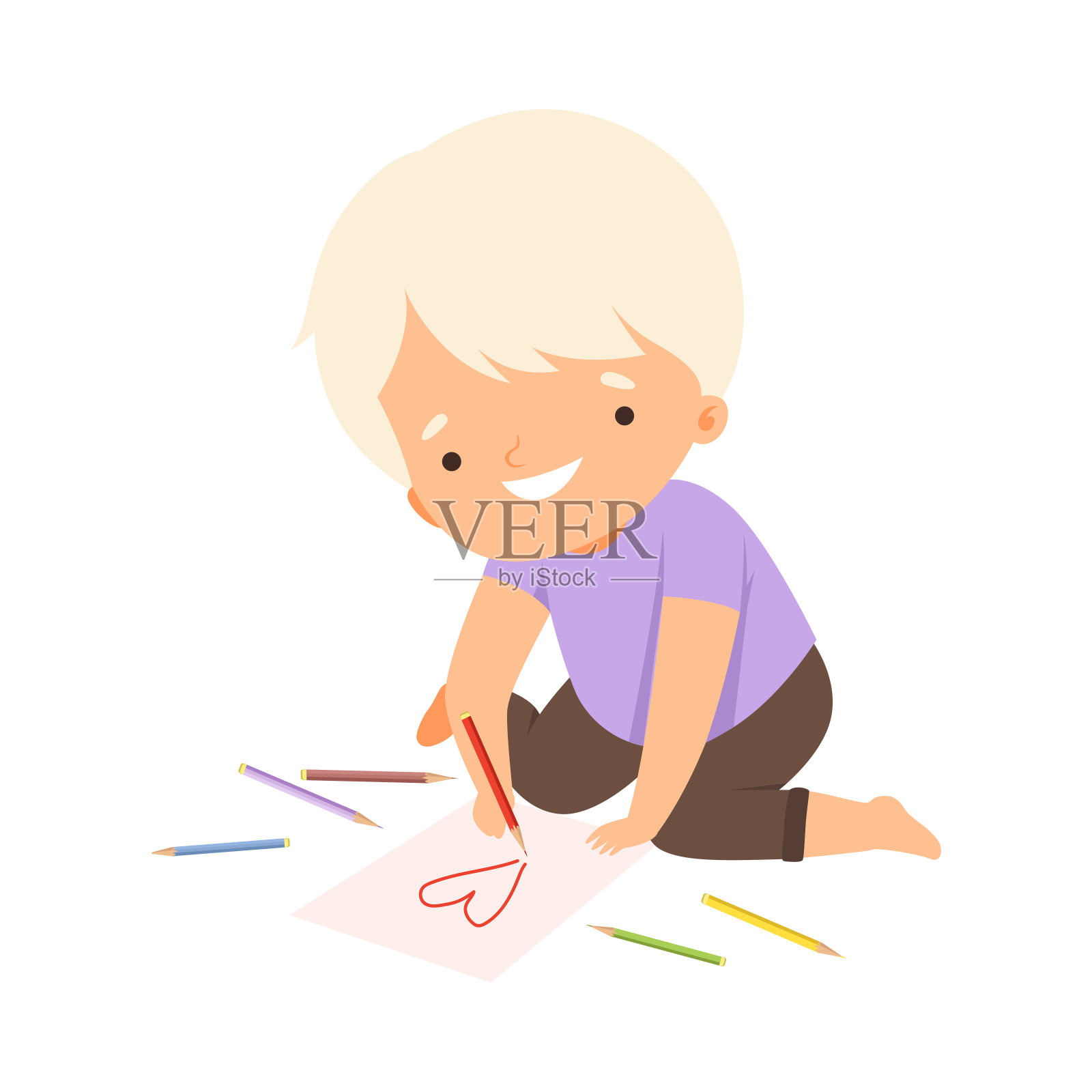 可爱的金发男孩坐在地板上，用铅笔画画，可爱的年轻艺术家卡通人物，孩子创造性爱好矢量插图设计元素图片