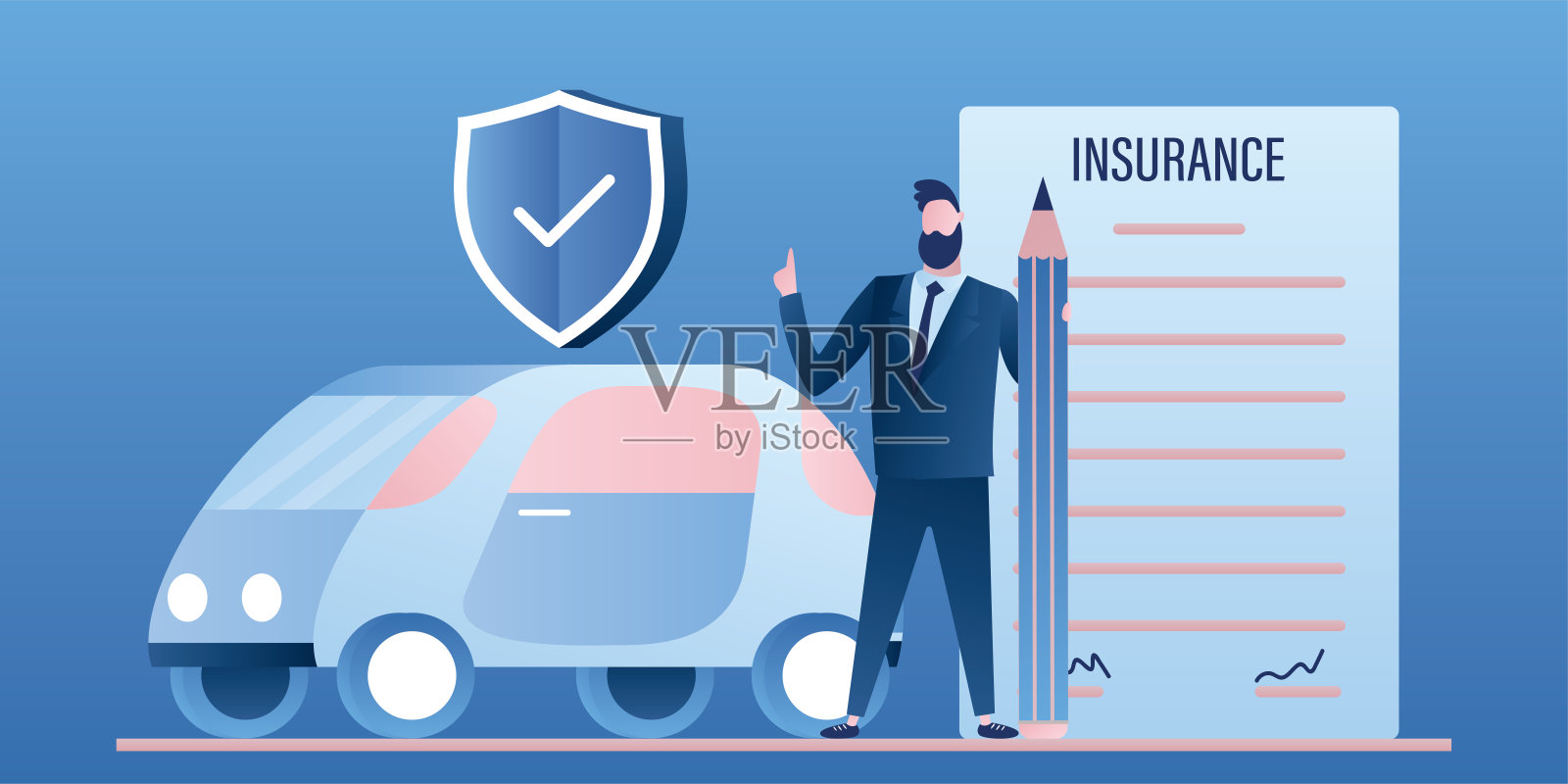 商人用大铅笔和保险纸签合同。现代汽车和安全防护罩。汽车保护和保险背景插画图片素材