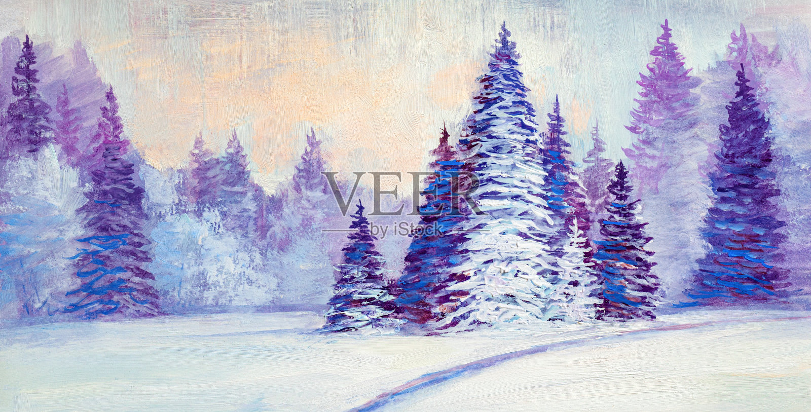 圣诞节的森林。油画风景。插画图片素材
