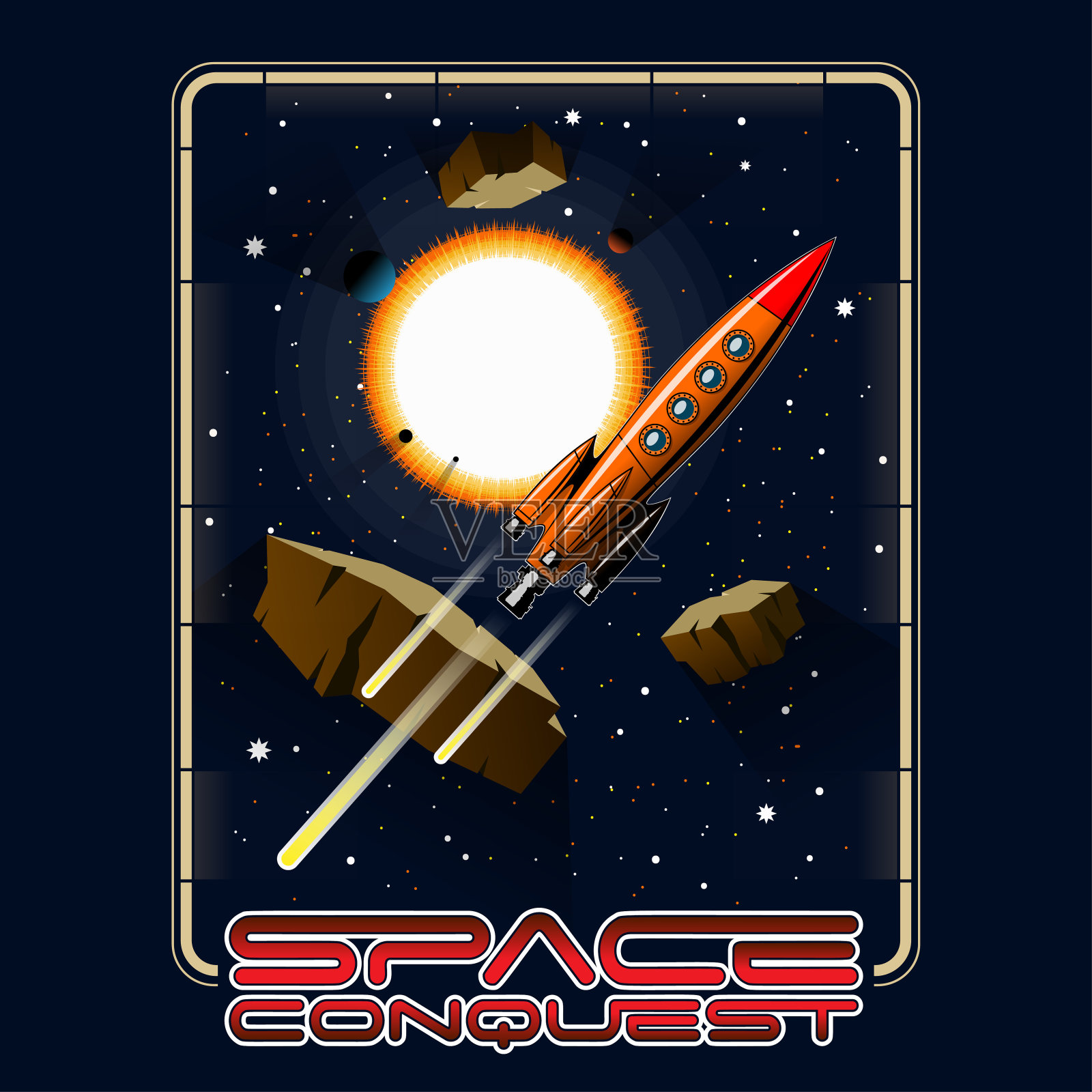 t恤或海报插图。太空、星星、小行星和火箭。插画图片素材