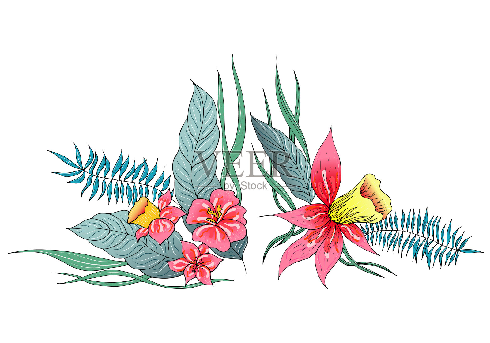 两套夏季彩色热带花卉。花植物花孤立地在白色背景上。手绘矢量集合。自然植物夏威夷。热带棕榈图标。夏威夷插图插画图片素材