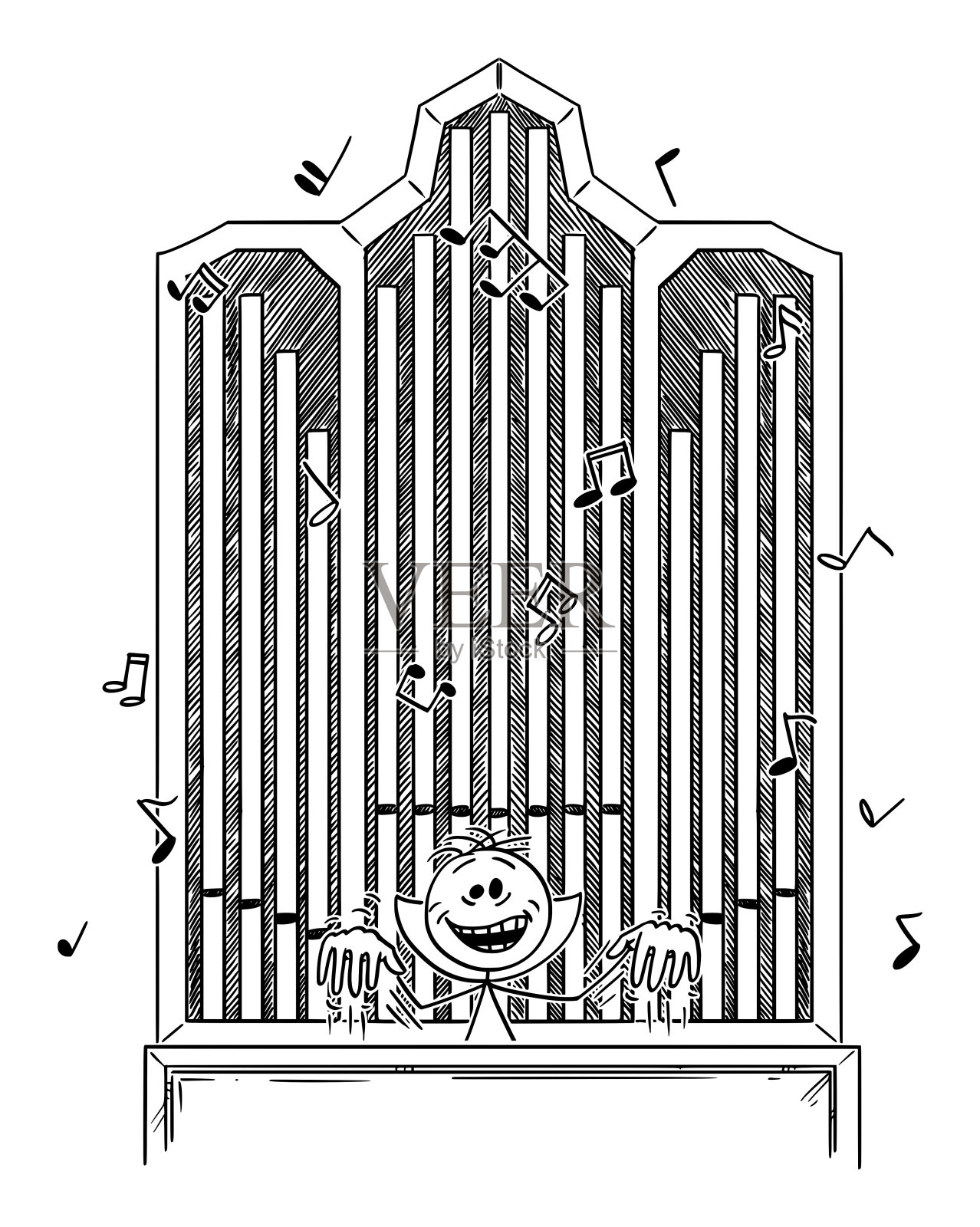 矢量卡通插图的疯狂邪恶的疯子或疯子大笑和演奏风琴插画图片素材