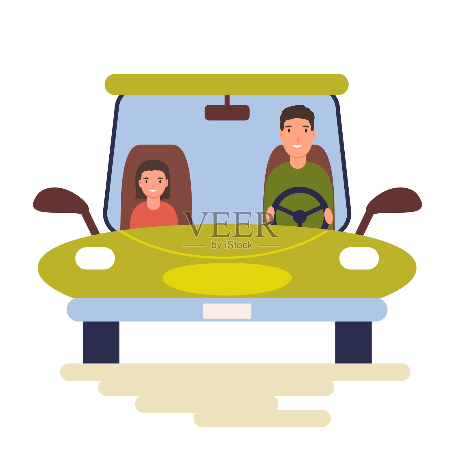 有趣的人在白色背景下开着孤立的车。彩色矢量插图在平面卡通风格插画图片素材
