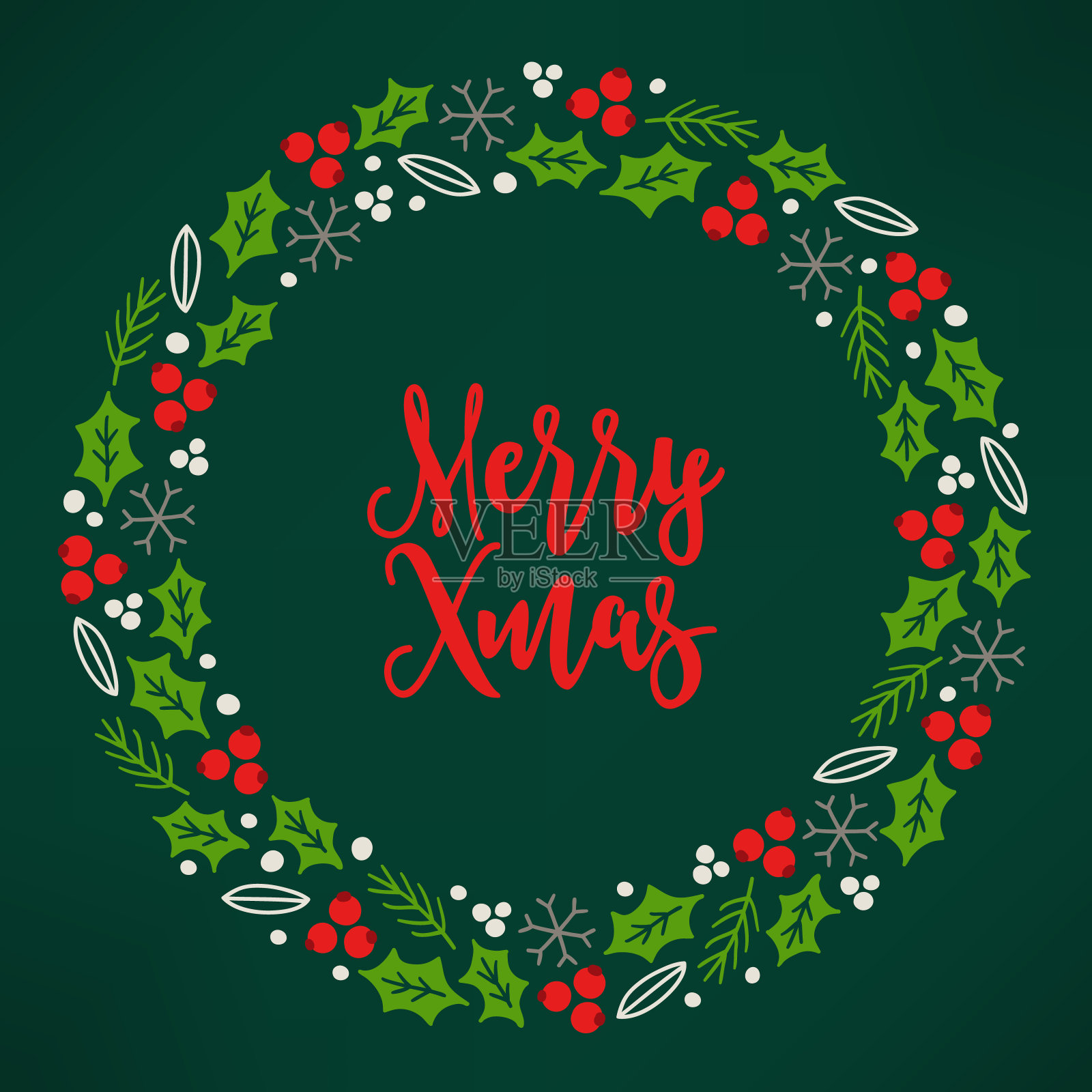 用冬青浆果、雪花、冷杉树枝和树叶制作的圣诞花环插画图片素材