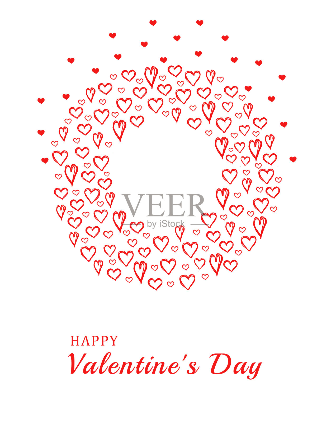 情人节的概念背景。手绘插图。由许多小红心组成的圆圈。可爱的销售横幅或贺卡。插画图片素材