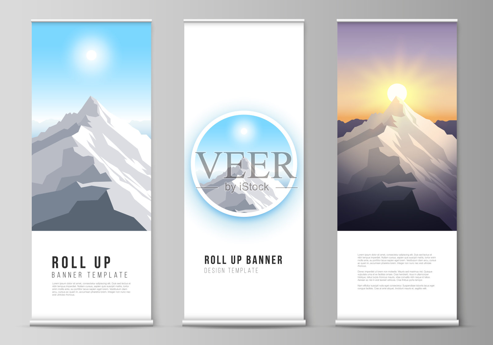 矢量插图布局的滚动旗帜站，垂直传单，旗帜设计业务模板。高山插图，户外探险。旅游概念的背景。平面设计向量。设计模板素材