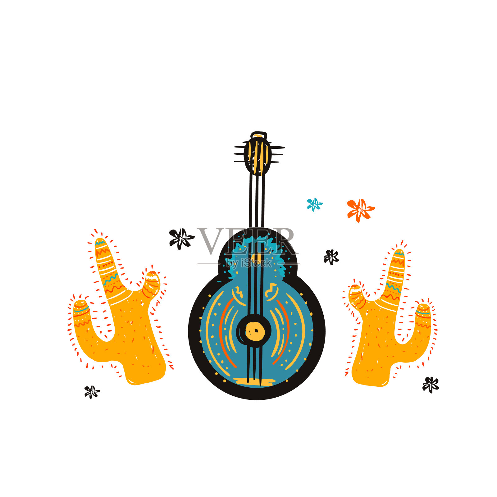 用仙人掌画的墨西哥吉他。素描仪器设计，抽象装饰插画图片素材